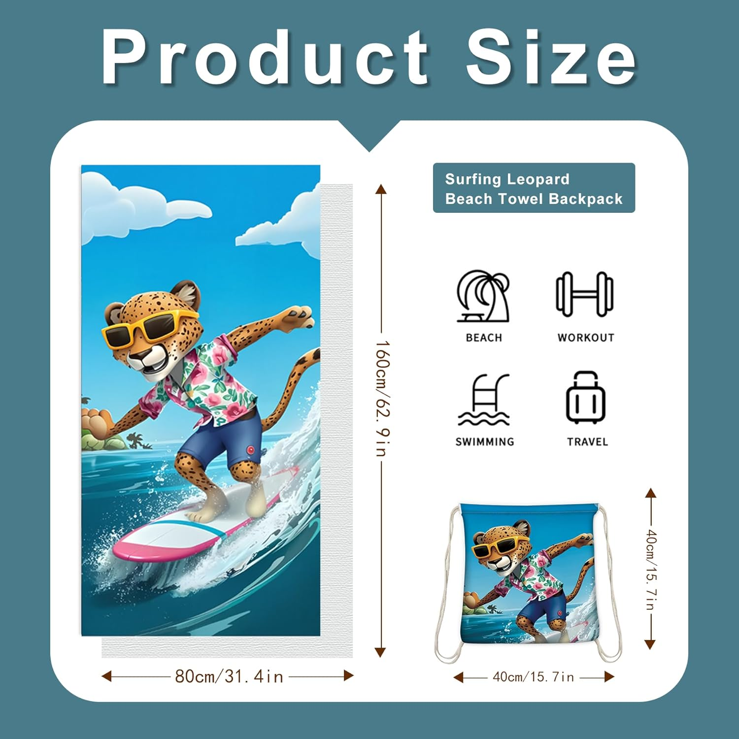 Beach Towel Backpack &ndash; Portable 2-In-1 Sand-Free Beach Towel with Integrated Storage Bag &ndash; Lightweight, Quick-Dry, Printed Towel for Travel, Swimming, Camping & Outdoor Activities (Style 3) - Style 3-Surfing Leopard image number 5