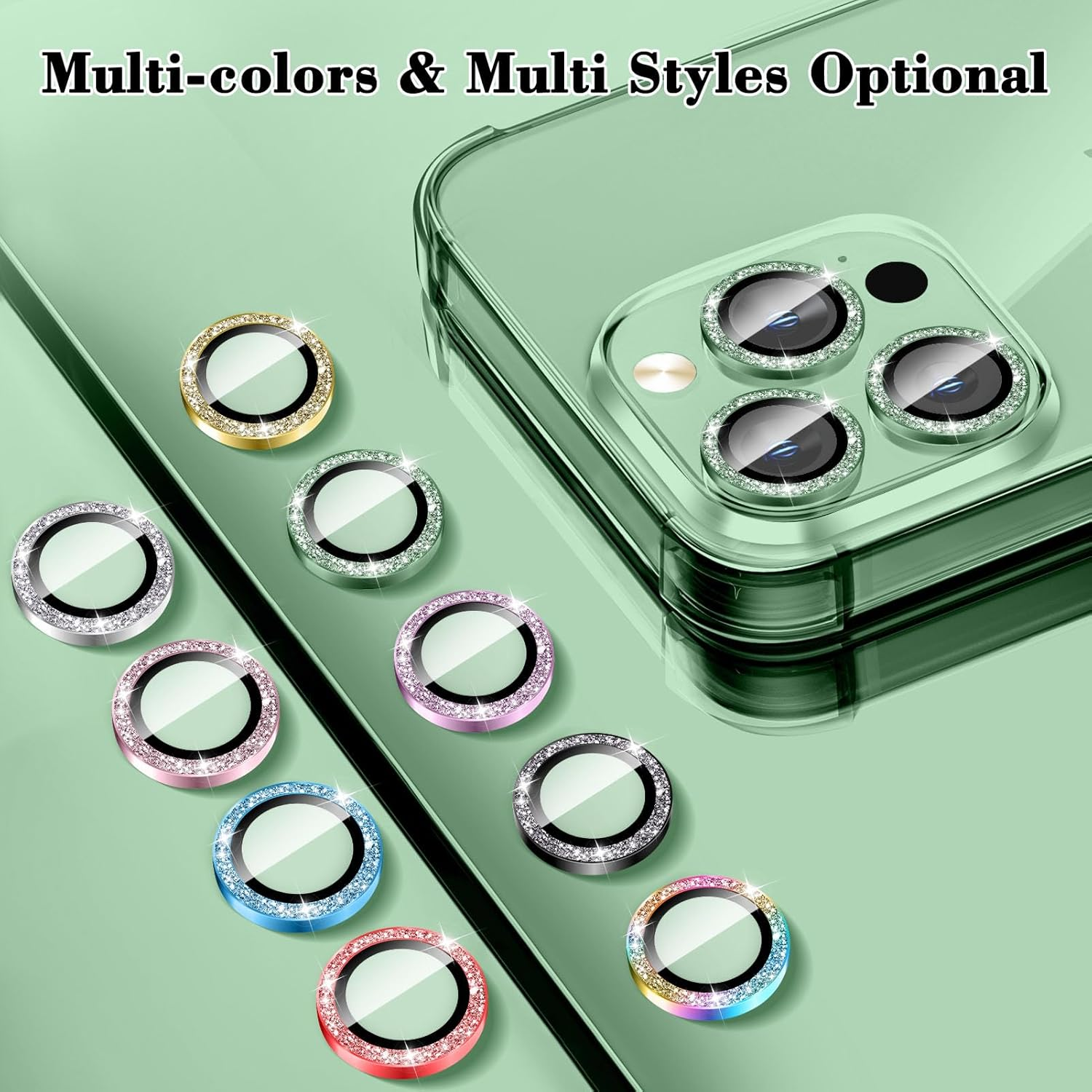 Kucheed Bling Camera Lens Protector for Iphone 14 Pro/Iphone 14 Pro Max, Glitter 9H Tempered Glass Camera Cover Film Stickers, Automatic Alignment Individual Metal Rings Phone Accessories image number 3