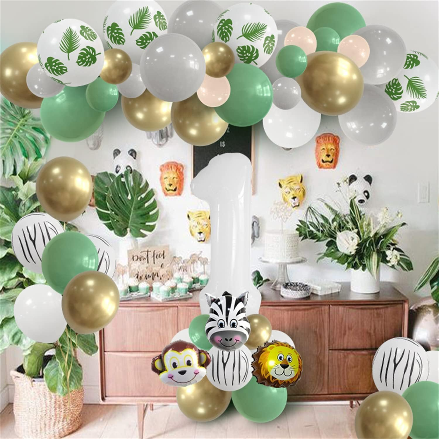 Jungle Safari Balloons Garland Kit Jungle Safari Party Supplies,1St Birthday Party Decorations Supplies,Green White Gold Balloon Arch Kit for Birthday Party Decorations. image number 5