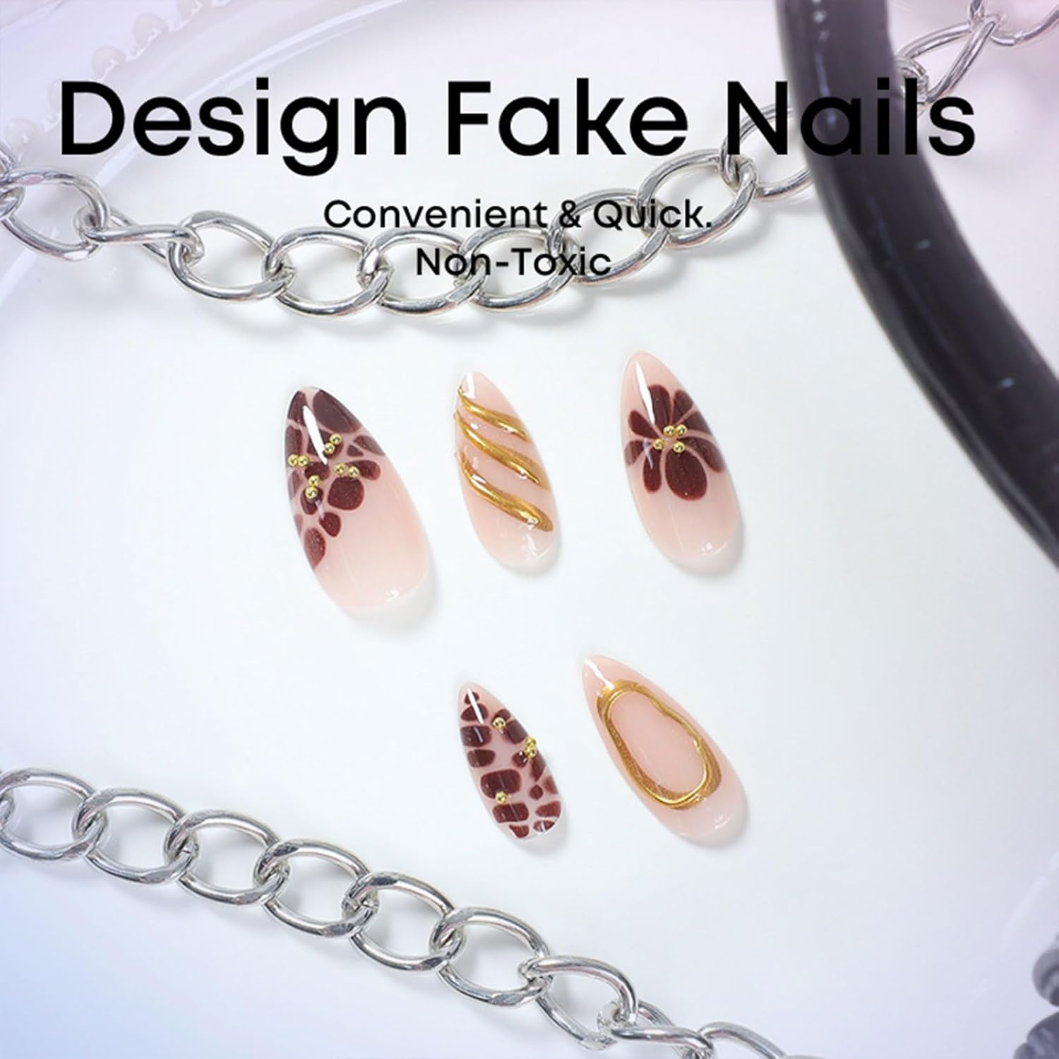 24PCS French Tip Almond Press on Nails,Medium Y2K Metal False Nails,Cool Figure Coffin Fake Nails,Glossy and Full Cover Acrylic Nails for Women - Pink image number 5