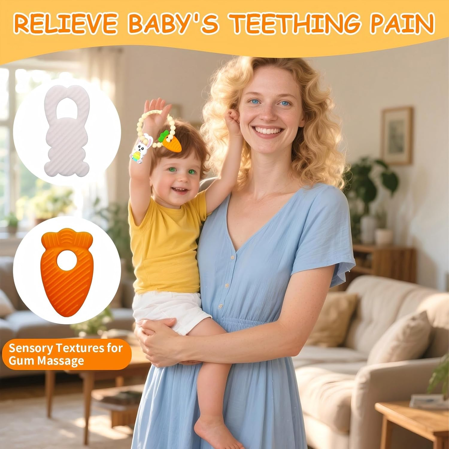 Baby Teething Ring Toys - Bunny Easter & Carrot Teethers for Newborns, Infants & Toddlers, Sensory Chew Bracelet for Teething Relief &ndash; Best Baby&rsquo;S First Christmas Easter Basket Stuffers image number 4