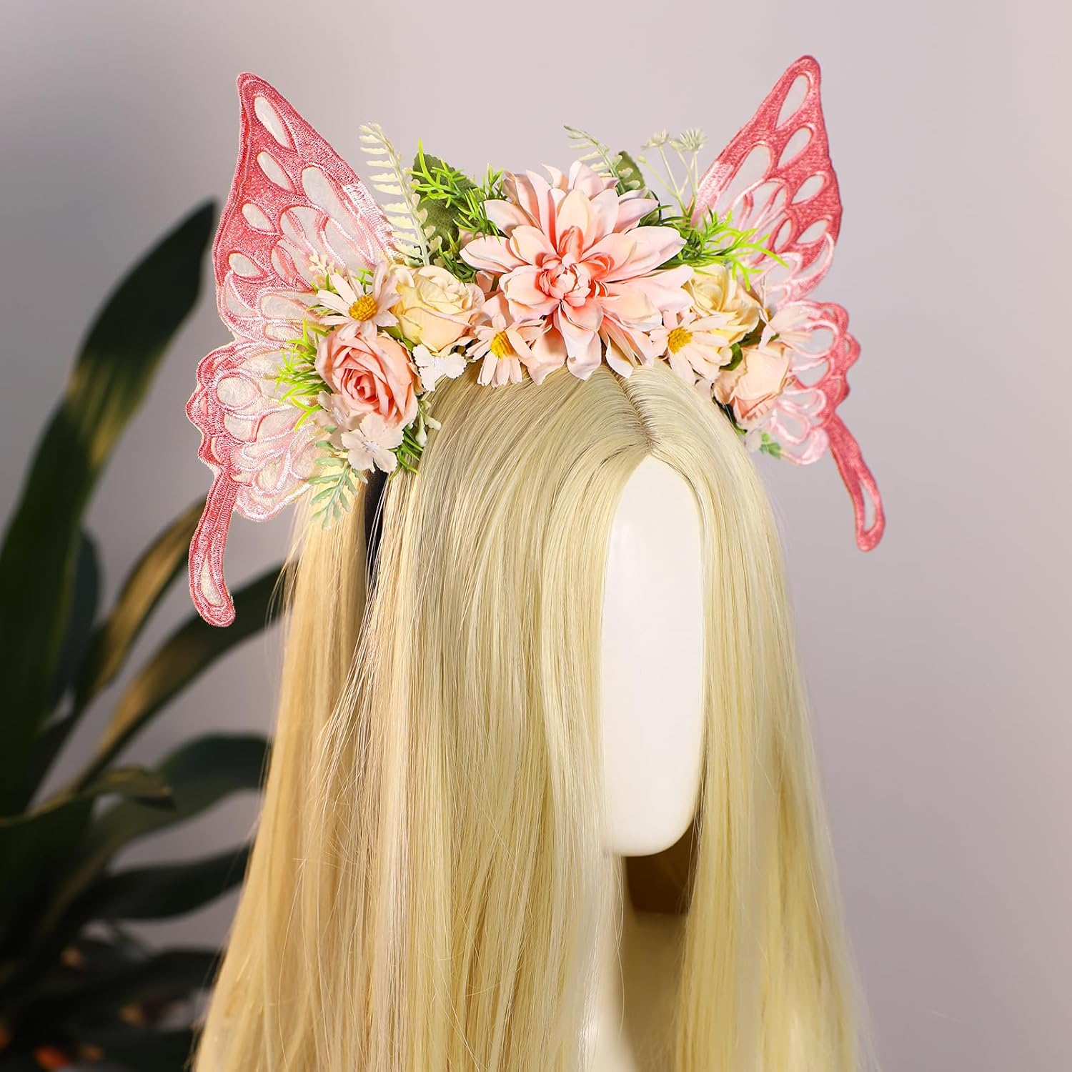 MOSTORY Pink Butterfly Wings Fairy Headband for Women Flower Headband for Renaissance Fairy Costume Cosplay Photo Shoot image number 1