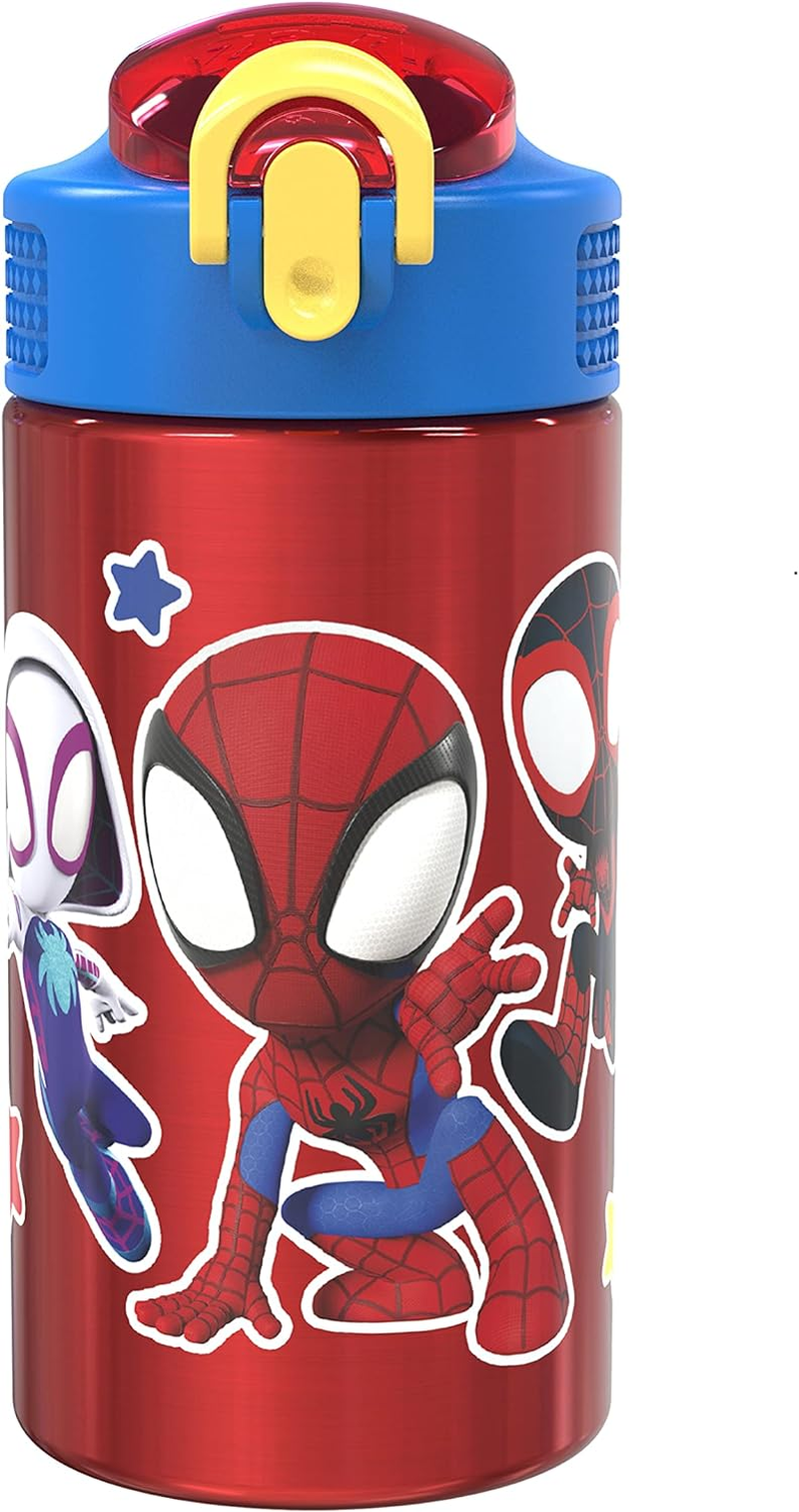 Zak Designs Marvel Spider-Man 18/8 Single Wall Stainless Steel Kids Water Bottle, Flip Straw Locking Spout Cover, Durable Cup for Sports or Travel (15.5Oz, Non-Bpa, Spidey and His Amazing Friends) image number 2