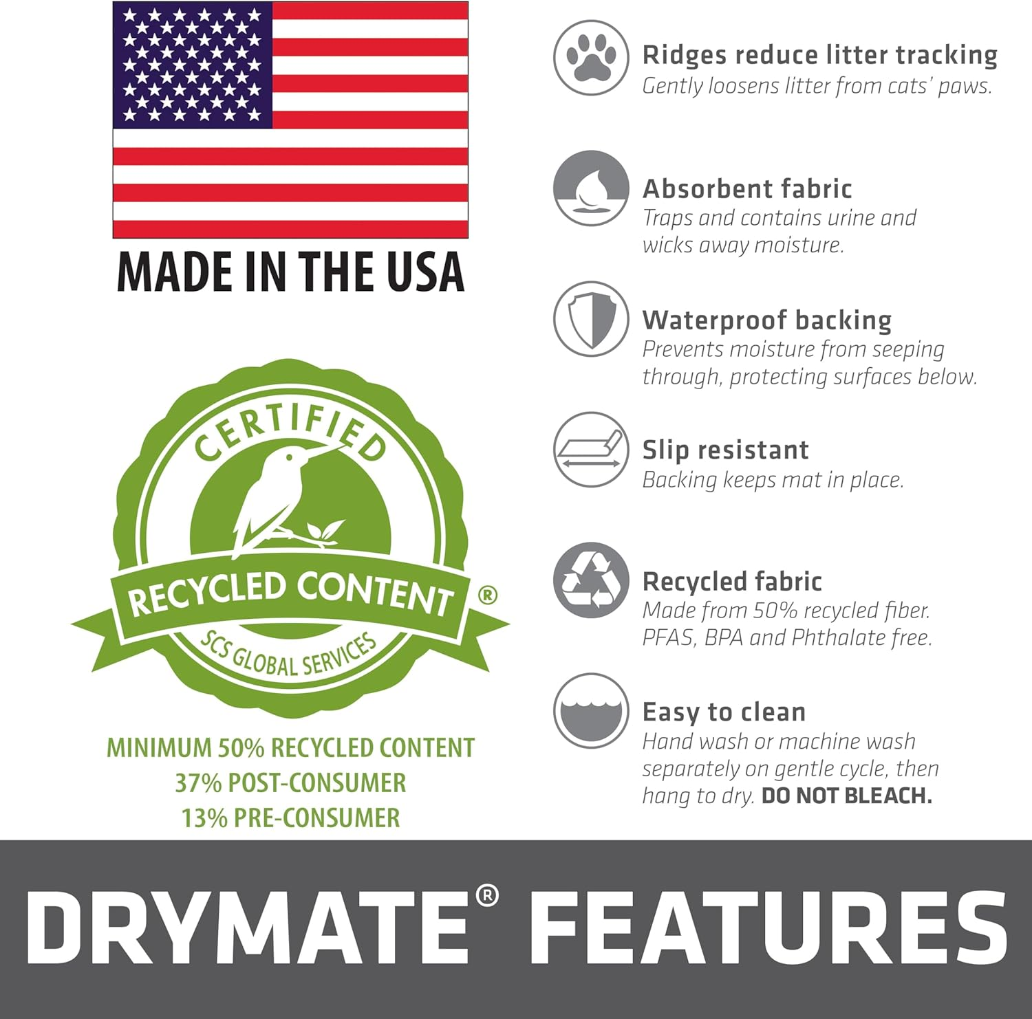 Drymate Jumbo Cat Litter Trapping Mat, (Ridged Design), Traps Litter & Mess from Box, Soft on Kitty Paws, Absorbent, Waterproof, Urine-Proof, Machine Washable, Durable, (USA Made) (36" X 47") image number 5