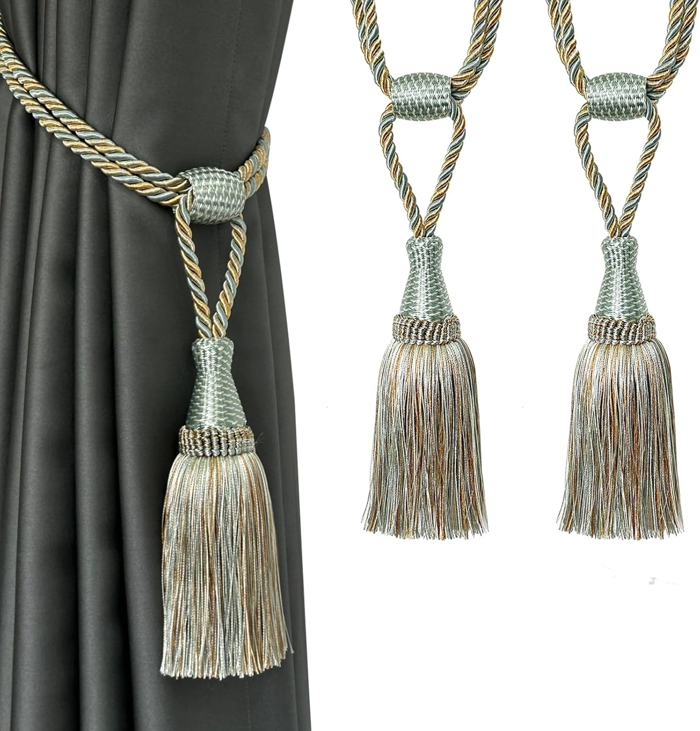 Fenghuangwu Curtain Tiebacks Handmade Elegant Curtain Tie Backs Holdbacks with Tassel for Home Office Decor 2 Pack - Gold