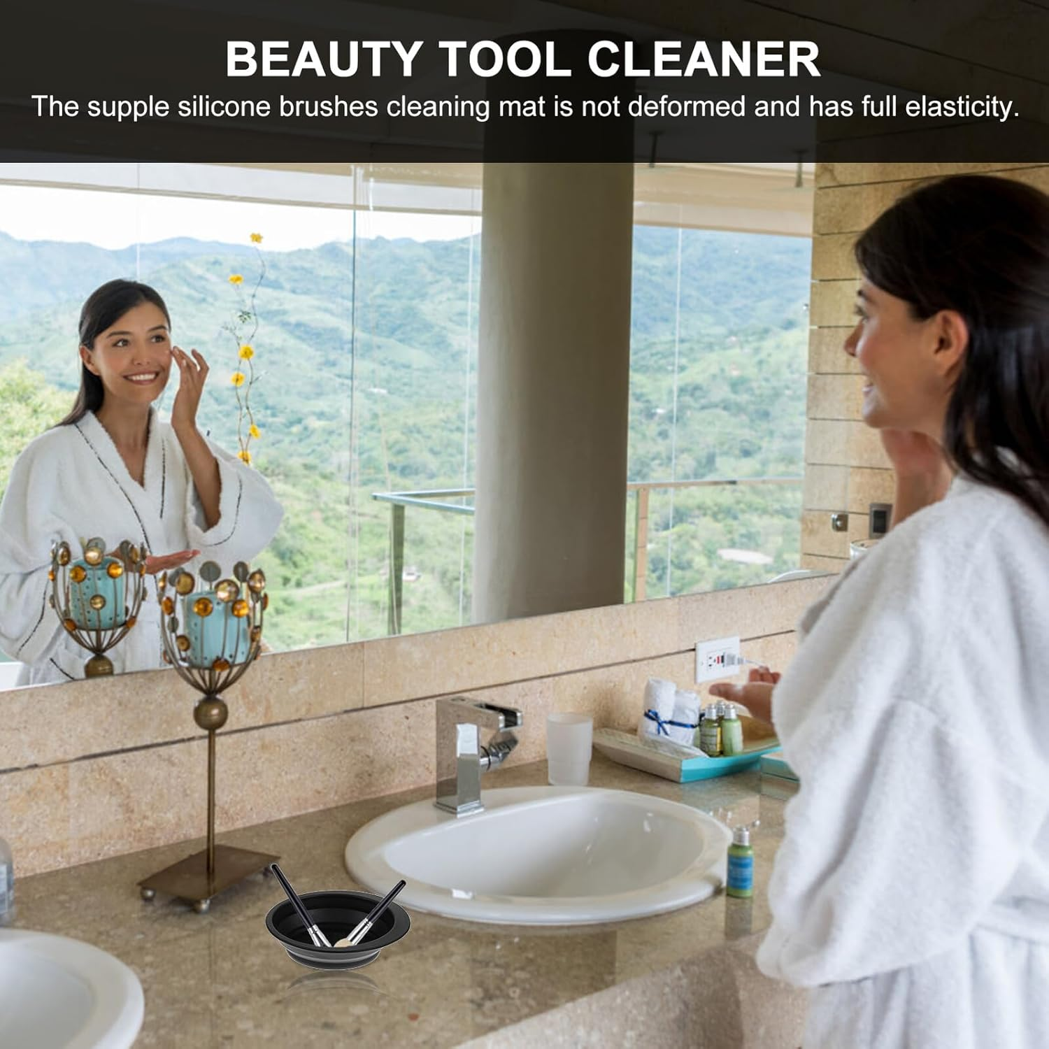 TEHAUX Portable Black Makeup Brush Cleaner Bowl Silicone Cleaning Pad and Brush Rinsing Mat for Women Suitable for Travel and Home Use image number 3