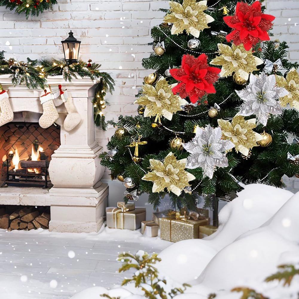 Christmas Tree Decorations,10Pcs 14Cm / 5.5In Gold Poinsettia Artificial Christmas Flowers with Clips and Stems Glitter Christmas Tree Ornaments for Xmas Wedding Party Wreath Decorate image number 1