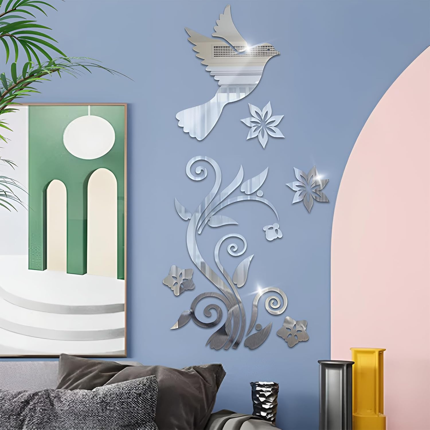 WUMUZAI Pigeon Flower 3D Acrylic Mirror Wall Stickers, Flying Bird Mirror Wall Decals Peel and Stick, Self Adhesive Wall Art Modern Home Decor for Living Room Sofa Backdrop Decoration (Silver) image number 2