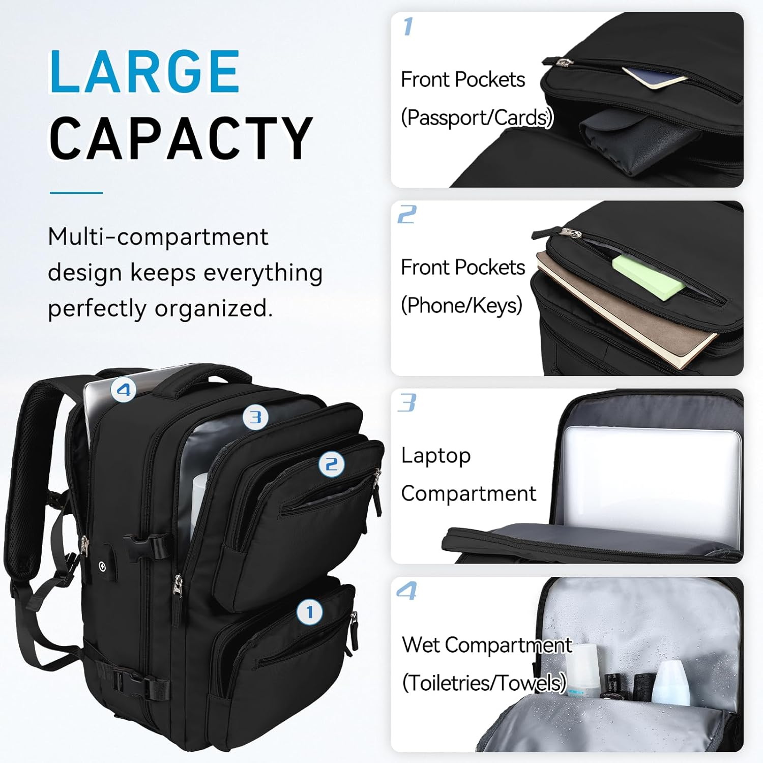 Travel Backpack for Men Women,Vaschy 15.6Inch Laptop Backpack for Work Hiking School Water Resistant Carry on Backpack with USB Charging Port, Shoes Compartment image number 3