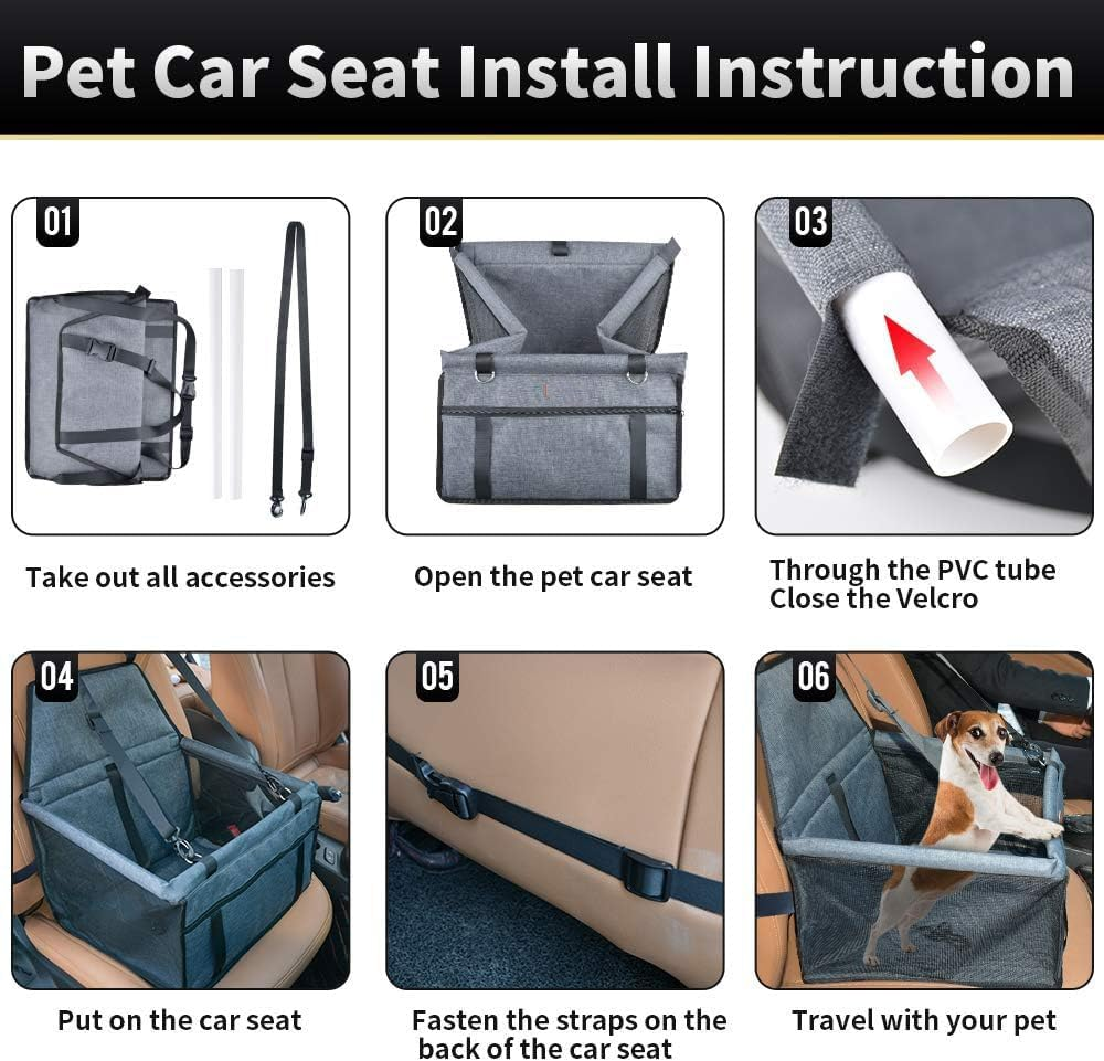 Pet Reinforce Car Booster Seat for Dog Cat Portable and Breathable Bag with Seat Belt Dog Carrier Safety Stable for Travel Look Out,With Clip on Leash with PVC Tube (Black Grey, Small) image number 2