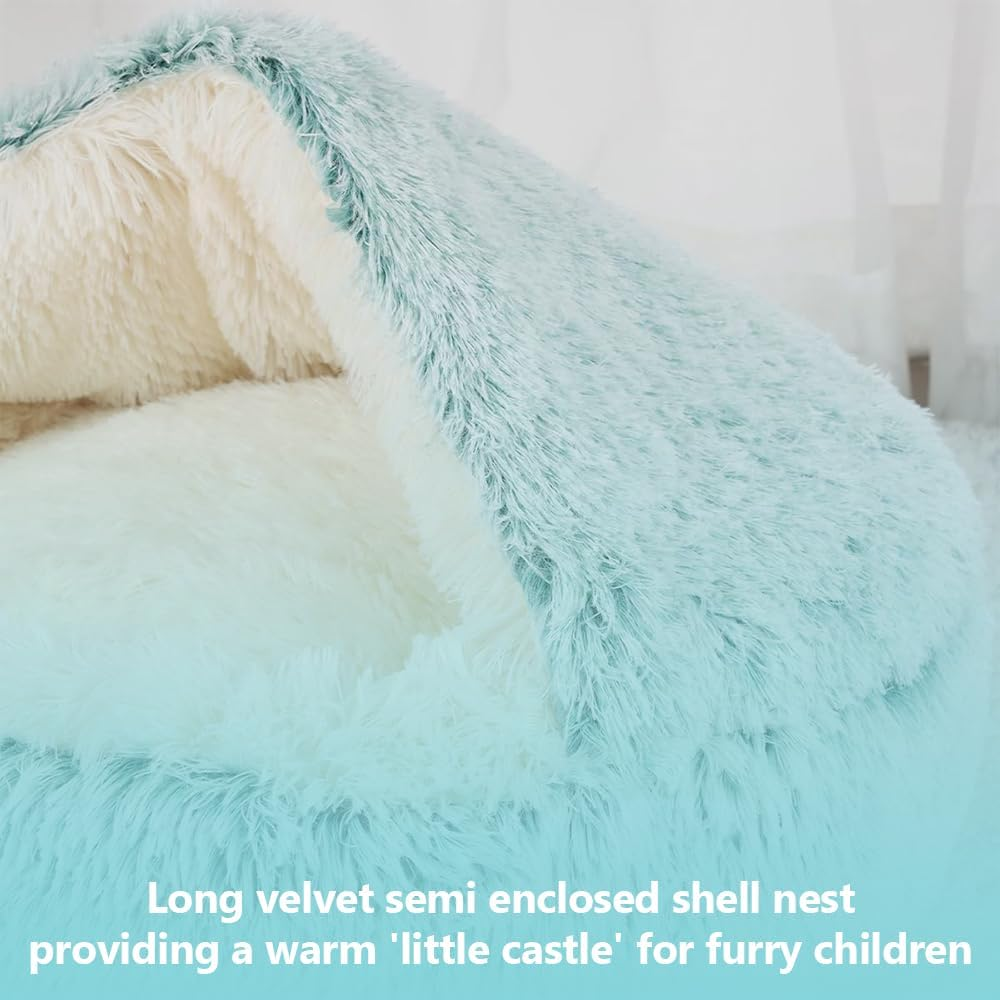 Cat Bed round Plush Fluffy Hooded Cat Bed Cave, Cozy for Indoor Cats or Small Dog Beds, Soothing Pet Beds Doughnut Calm Anti-Nxiety Dog Bed - Waterproof Bottom Washable, 20 Inches (Green, 60 Cm) image number 4