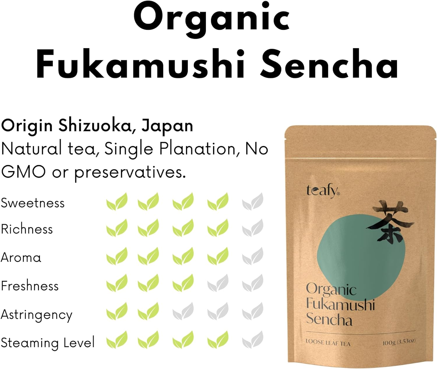Teafy Organic Fukamushi Sencha, Japanese Green Tea, from Shizuoka Japan, JAS and USDA Certified Organic Loose Leaf Steamed Tea, 3.5Oz/100G