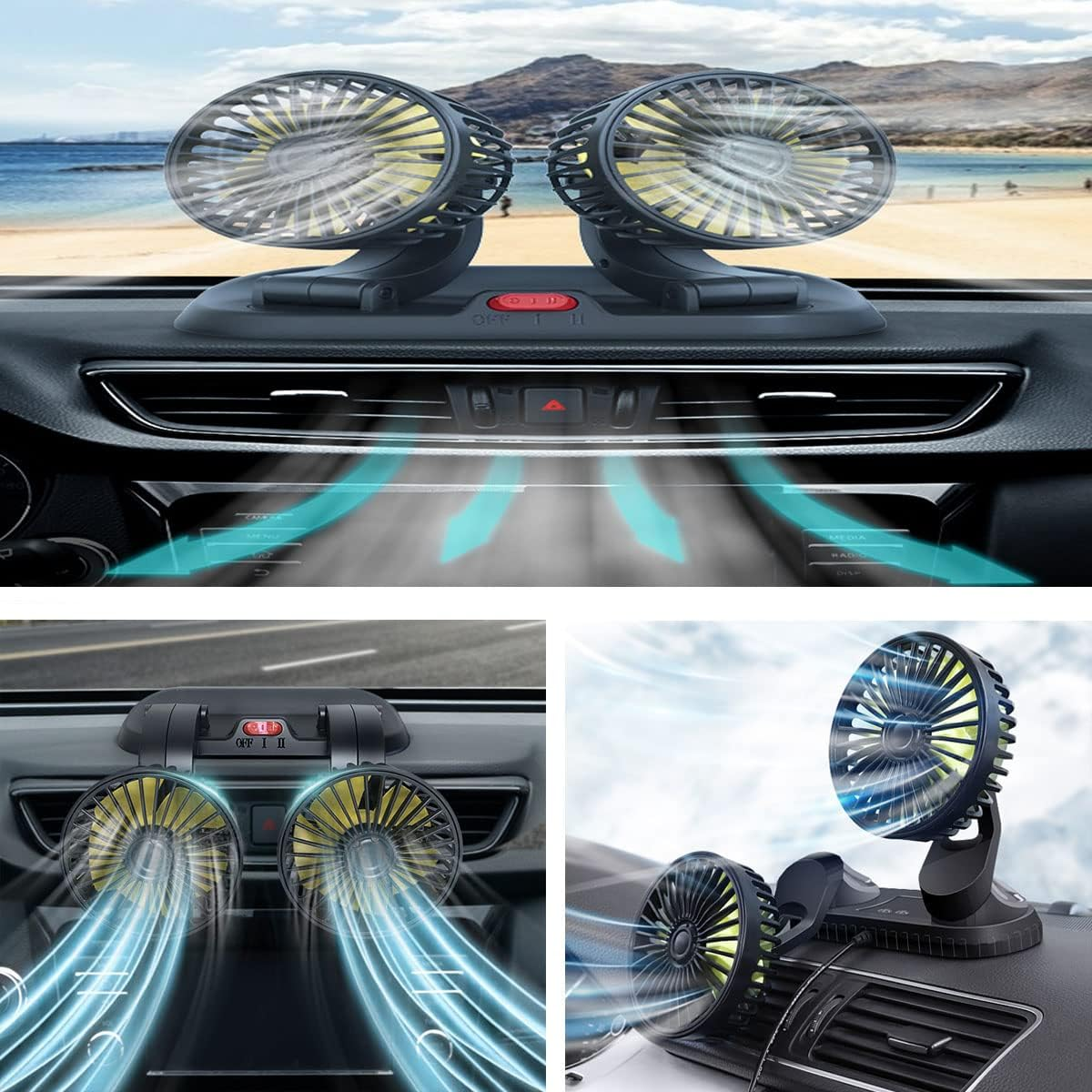 Car Fan 12V, Electric Car Cooling Fan with 360 Degree Adjustable Dual Head Cigarette Lighter Plug,Low Noise Automobile Vehicle Fan for Car Truck Van SUV RV Boat image number 5