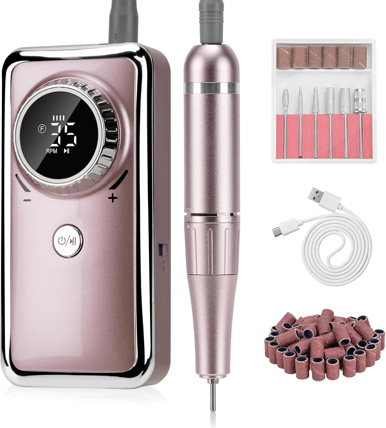 Madenia Rechargeable Nail Drill Machine: Professional Electric Nail Files USB E File for Acrylic Nails Gel, 35000RPM Adjustable Speed Manicure Machine with 6 Drill Bits and 56 Sanding Bands, Pink image number 5