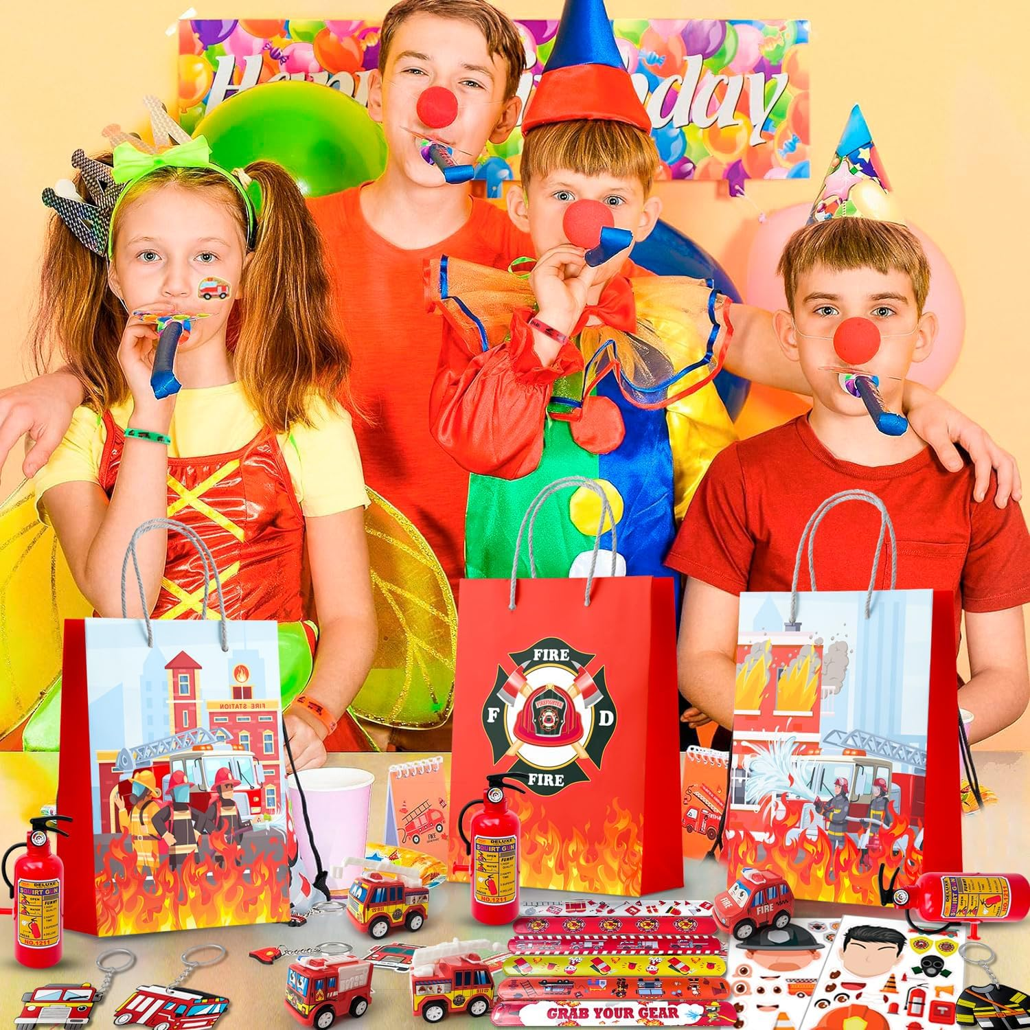 Firefighter Party Favors,72Pcs Fire Truck Party Favors Set- Firefighter Party Stickers Slap Bracelets Keychains Etc Firefighter Themed Party Favors for Firefighter Birthday Party Decorations Supplies image number 3