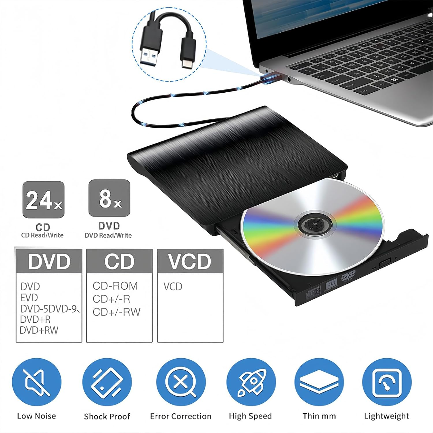 External CD/DVD Drive, USB 3.0 & Type-C Portable CD Burner - External DVD Drive for Laptop/Desktop, Compatible with Windows, Macbook, Linux - Slim External CD Drive for Laptops & Desktops image number 1