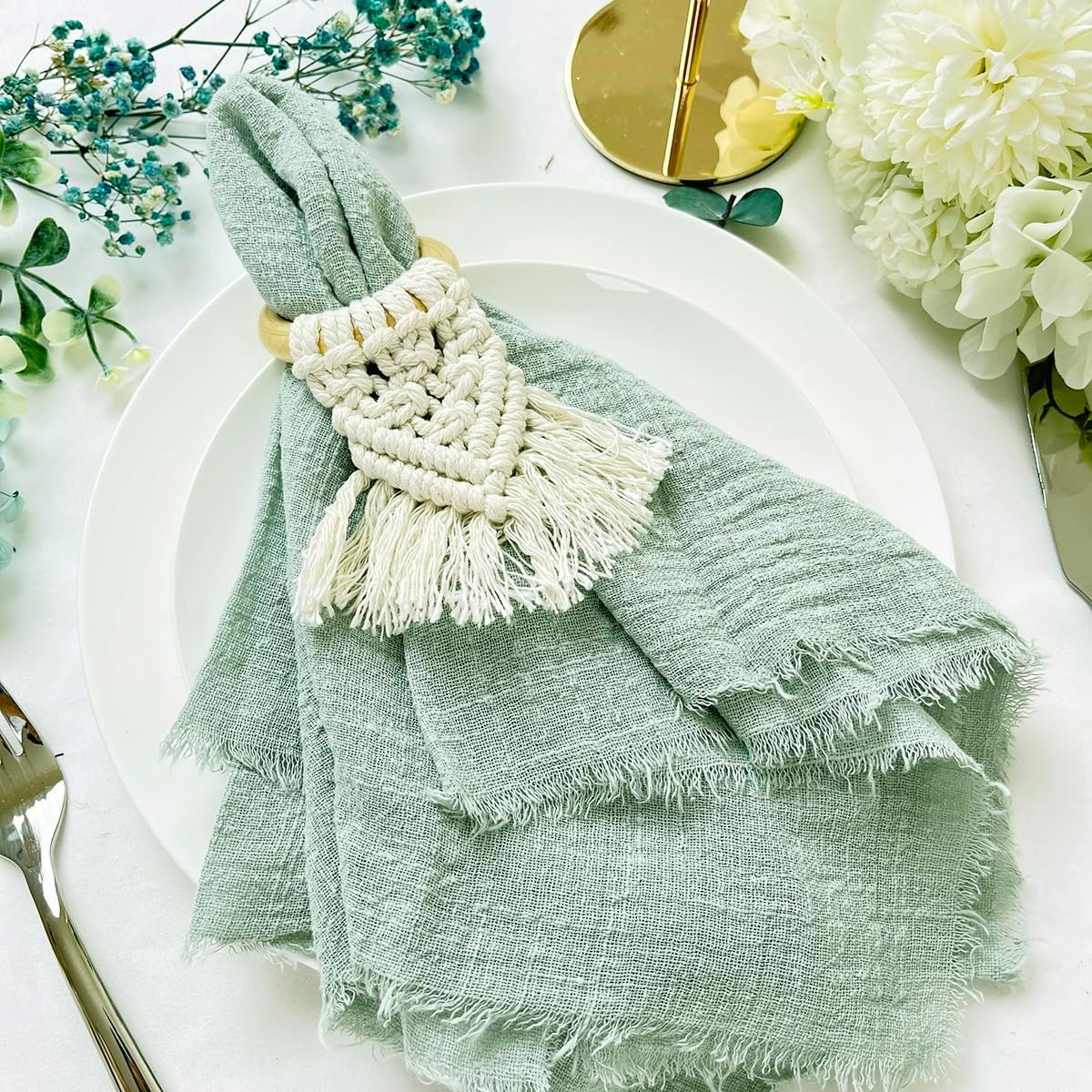 Plobeca Handmade Cloth Napkins,Cloth Napkin with Fringe Set of 12,Cotton Cloth Napkins 40X40Cm for Weddings Decorative Napkins, Dinner Parties, Everyday Use,Parties (Light Green)