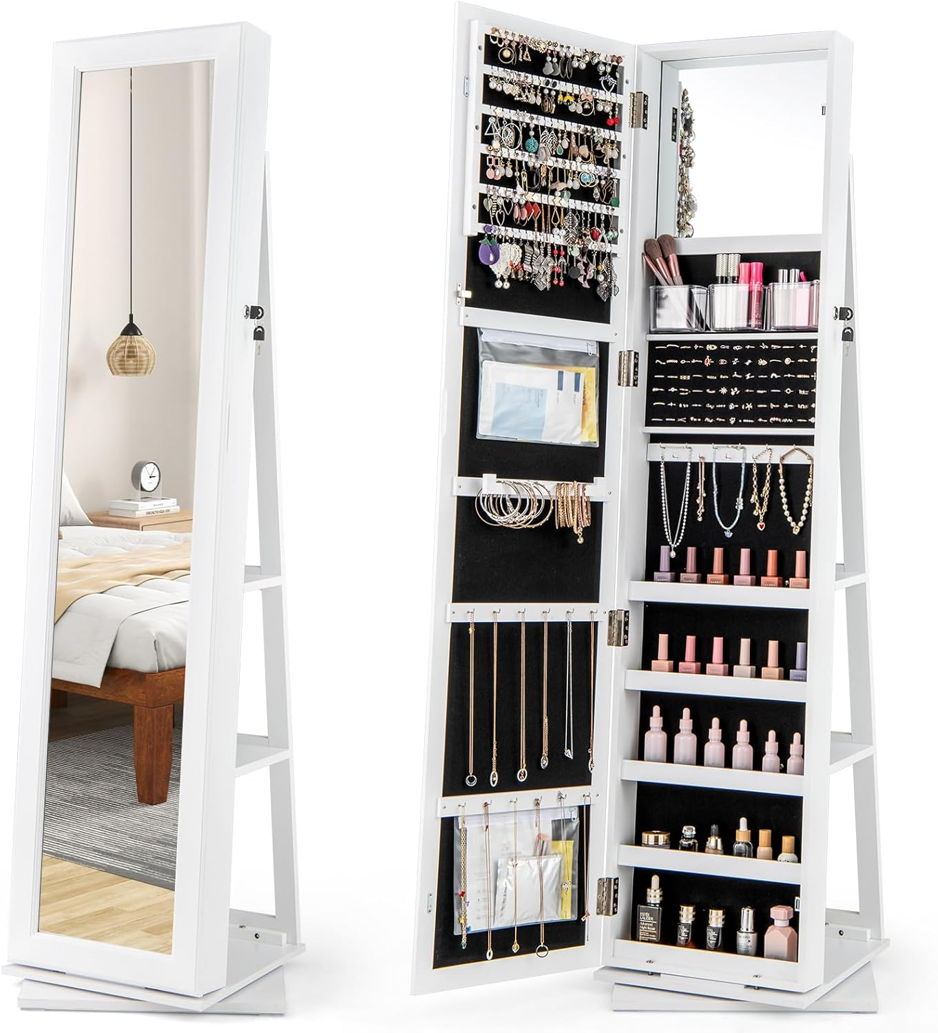 Giantex 360&deg; Swivel Jewelry Armoire, Standing Jewelry Organizer with Full Length Mirror & Back Shelves, Built-In Makeup Mirror for Bedroom, Cloakroom (White) image number 6