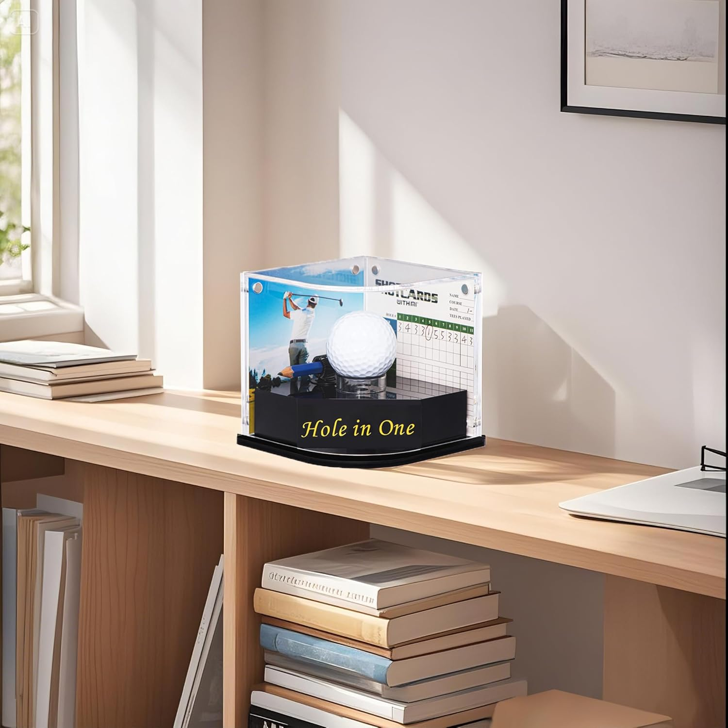 Hole-In-One Golf Ball Display Case W/ 2X Background Frames & Pencil Holder|3-In-1 Golf Ball Holder & Memorabilia Storage Box|Adhesives Included image number 3