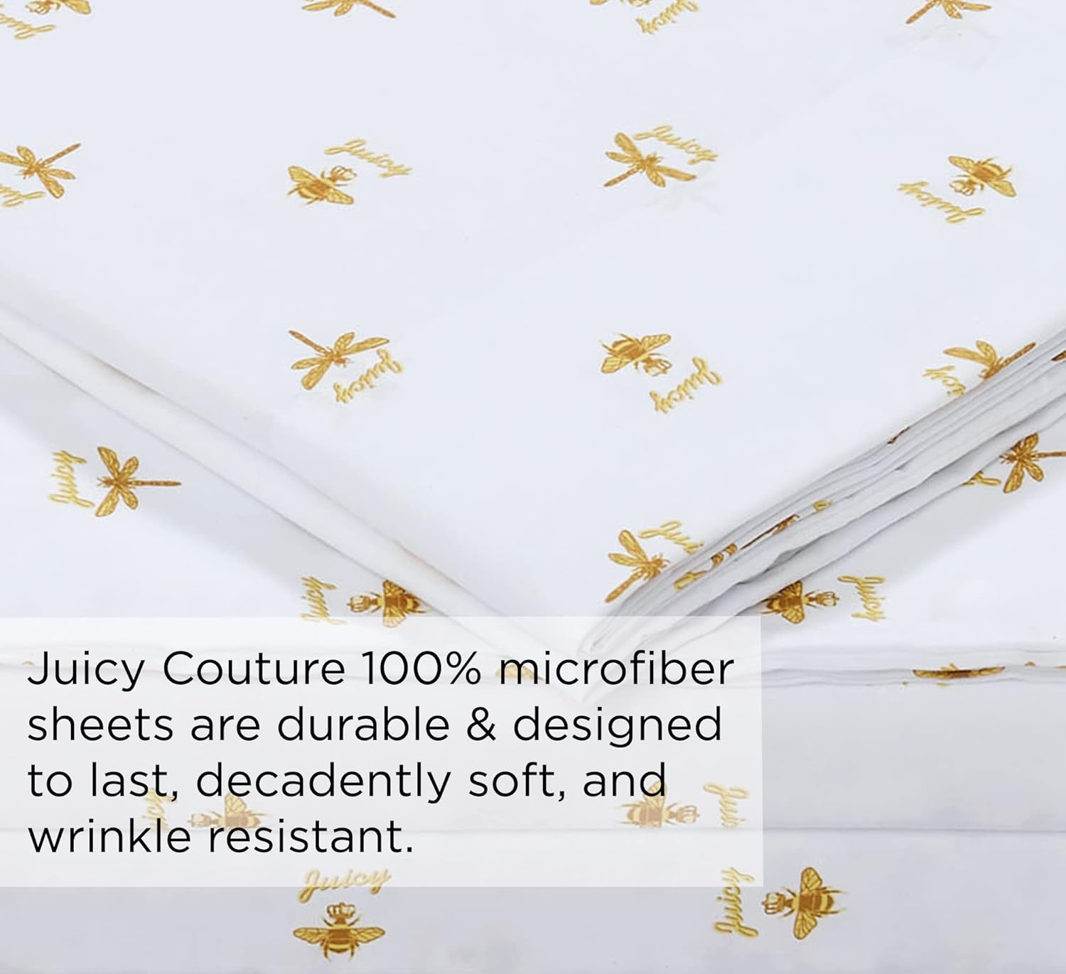 Juicy Couture &ndash; Sheet Set | Queen Bee Design Bed Sheets| Twin Size Bedding | 3 Piece Set Fitted Sheet, Flat Sheet and Pillowcase | Deep Pockets, Wrinkle Resistant and anti Pilling | White and Gold image number 5