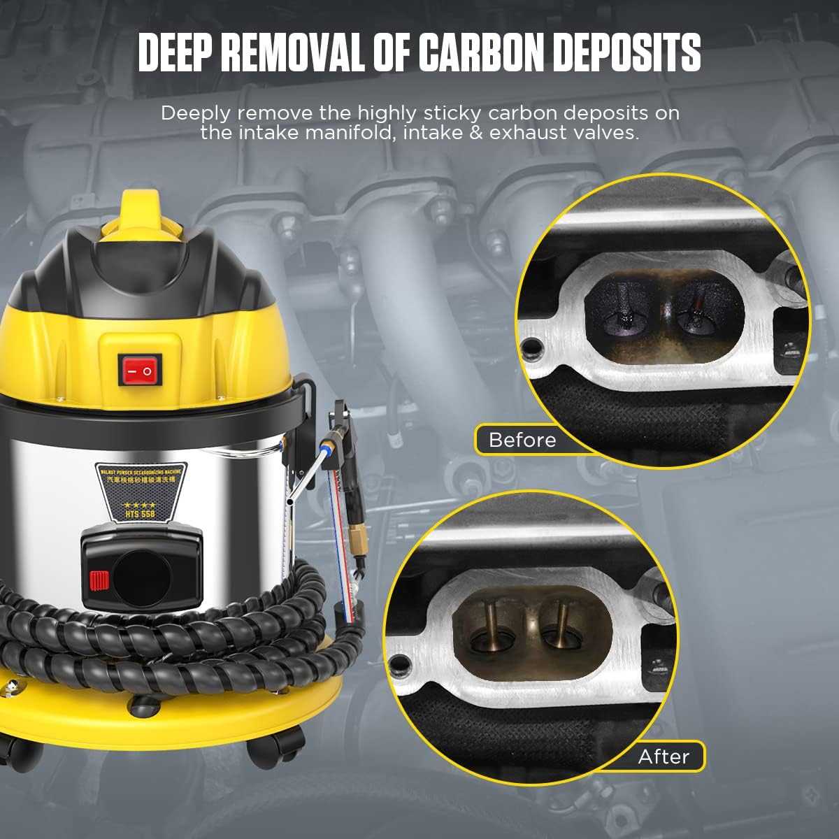 Walnut Sand De-Carbon Cleaner HTS558 Engine Intake Valve Cleaner Valvetronic System Walnut Powder Sand Carbon Deposit Cleaning Tool Car Walnut Blaster Cleaner with 23Pcs Car Model Adapters 110V/220V image number 6