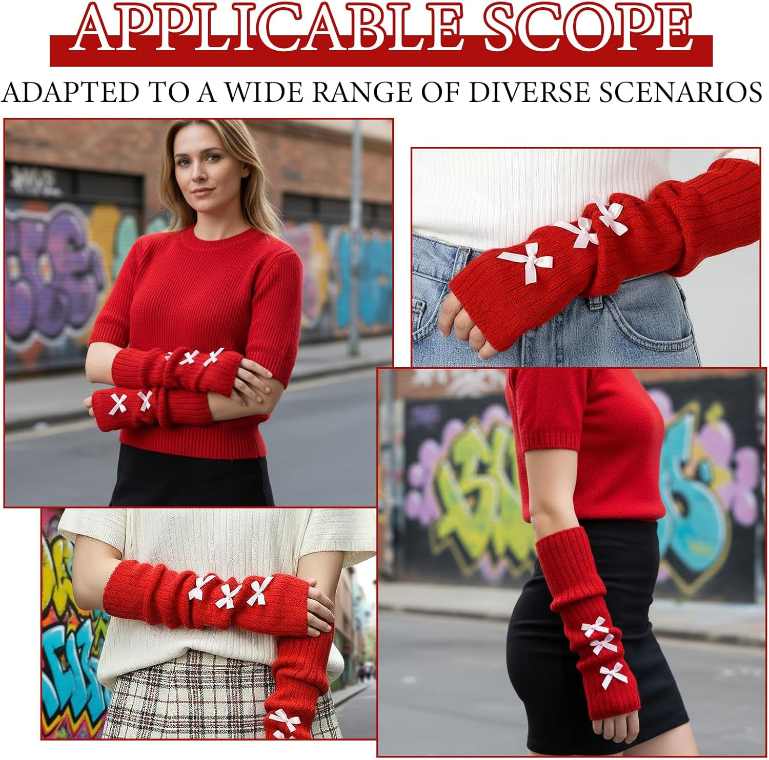 APLZGMG Knitted Arm Warmers, Long-Sleeve Gloves, Y2K Accessories with Bow, Harajuku Lolita Fingerless Mittens for Women Girl image number 6