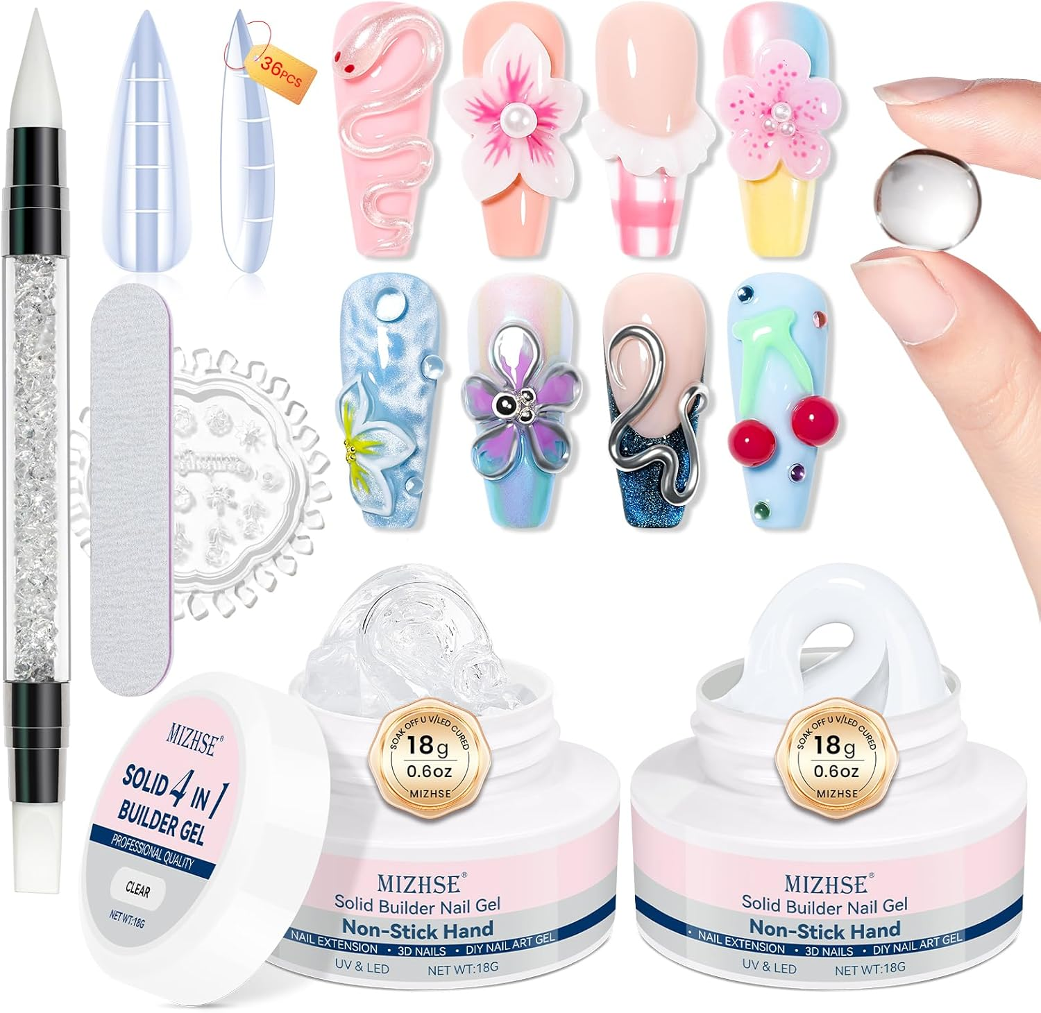 MIZHSE Solid Builder Gel: 2 Colors Clear & White Non-Sticky Hand 3D Nail Gel Sculpting Gel for Nail Art for Molding Modeling and Extension Soak off U V LED Starter Kit DIY Home Salon 18G