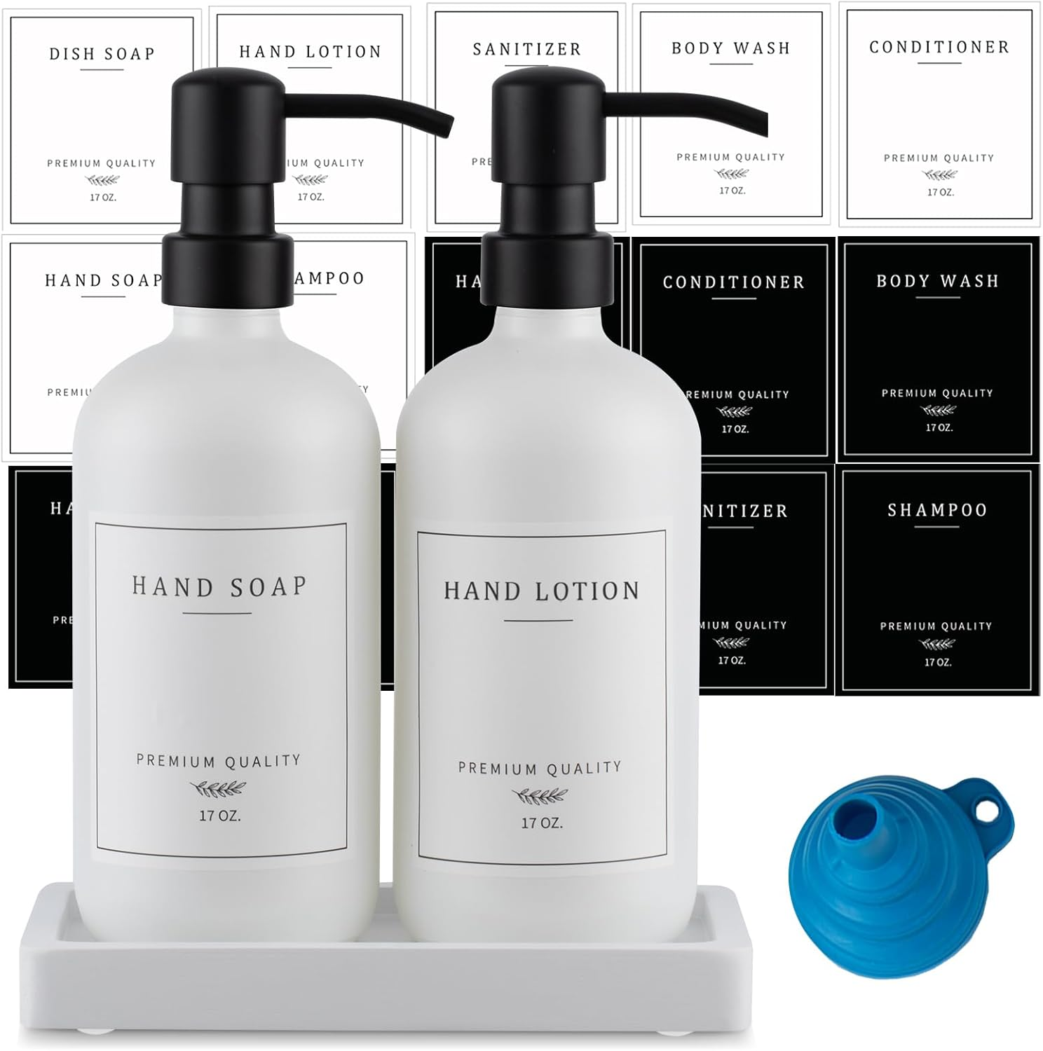 Thick Glass Soap Dispenser - Kitchen Dish Hand Soap Dispenser Set,Rustproof Pump Soap Lotion Dispenser Bathroom with Tray,14 Stickers for Kitchen Decor White Bottle/Gold Pump