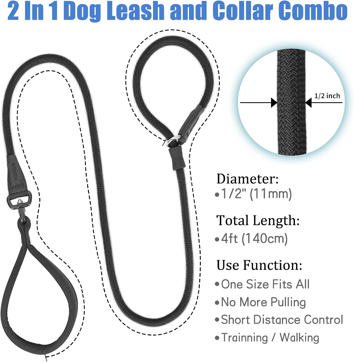 Slip Lead Dog Leash, Strong Anti-Tangle Durable Nylon No Pull Walking Leash for Small Medium Large Puppy Dogs 4Ft Black image number 5