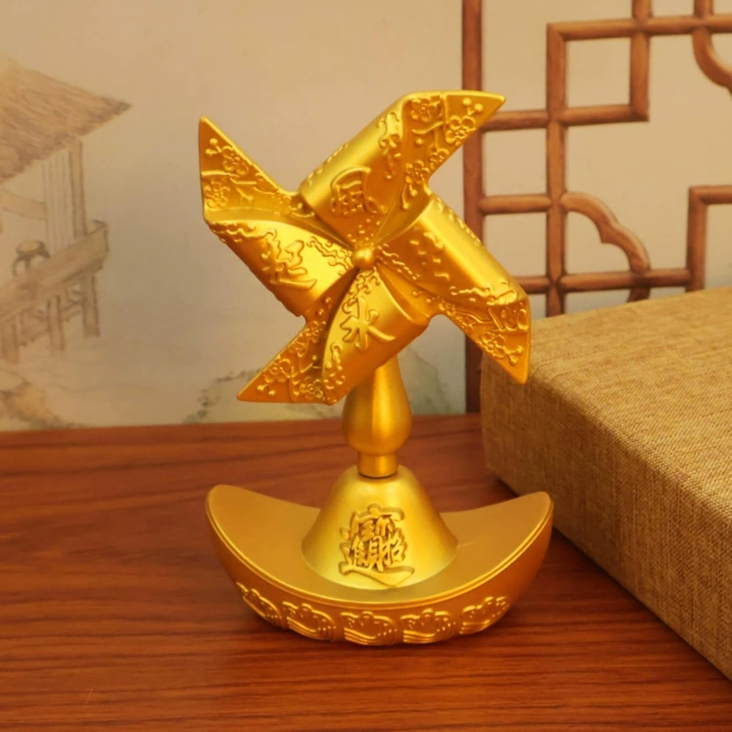 Chiorgone Windmill Feng Shui Decor &ndash; Lucky Windmill Gift, Feng Shui Wealth Figurine, Gold Ingot Windmill Decoration for Home & Office, Prosperity Ornament image number 2