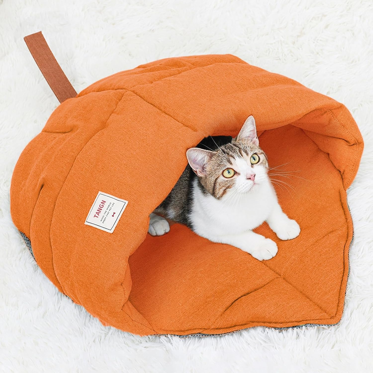 TANGN Cat Sleeping Bag, Linen Fabric Bed Cave Leaf Nest Pet Cuddle Zone Covered Hide Hood Burrowing Cozy Soft Durable Washable with Non-Slip Bottom for Indoor Puppy and Kitten (Green), PD50082