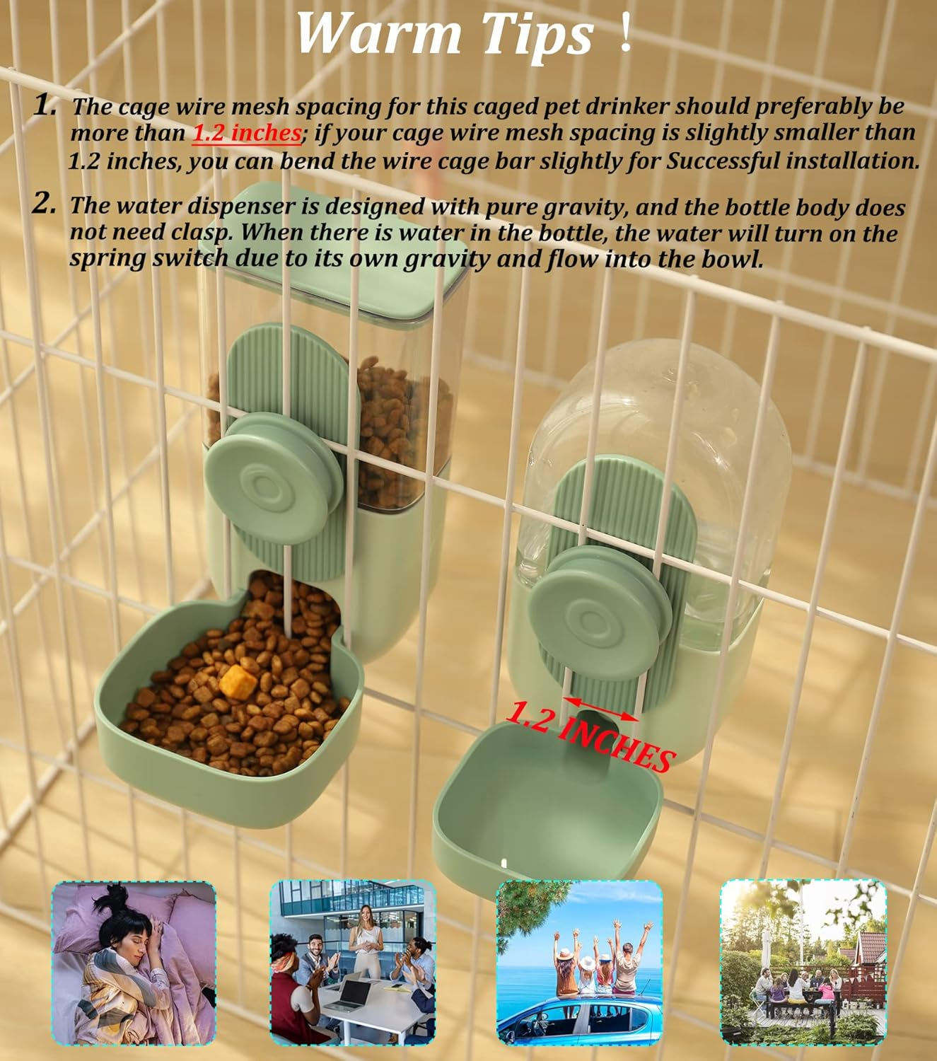 Kenond 35Oz Hanging Automatic Pet Food Water Dispenser, Auto Gravity Pet Feeder and Waterer Set, Cage Cat Food Bowl Dog Feeding Station for Puppy and Kitten Rabbit Chinchilla Hedgehog Ferret (Green) image number 2