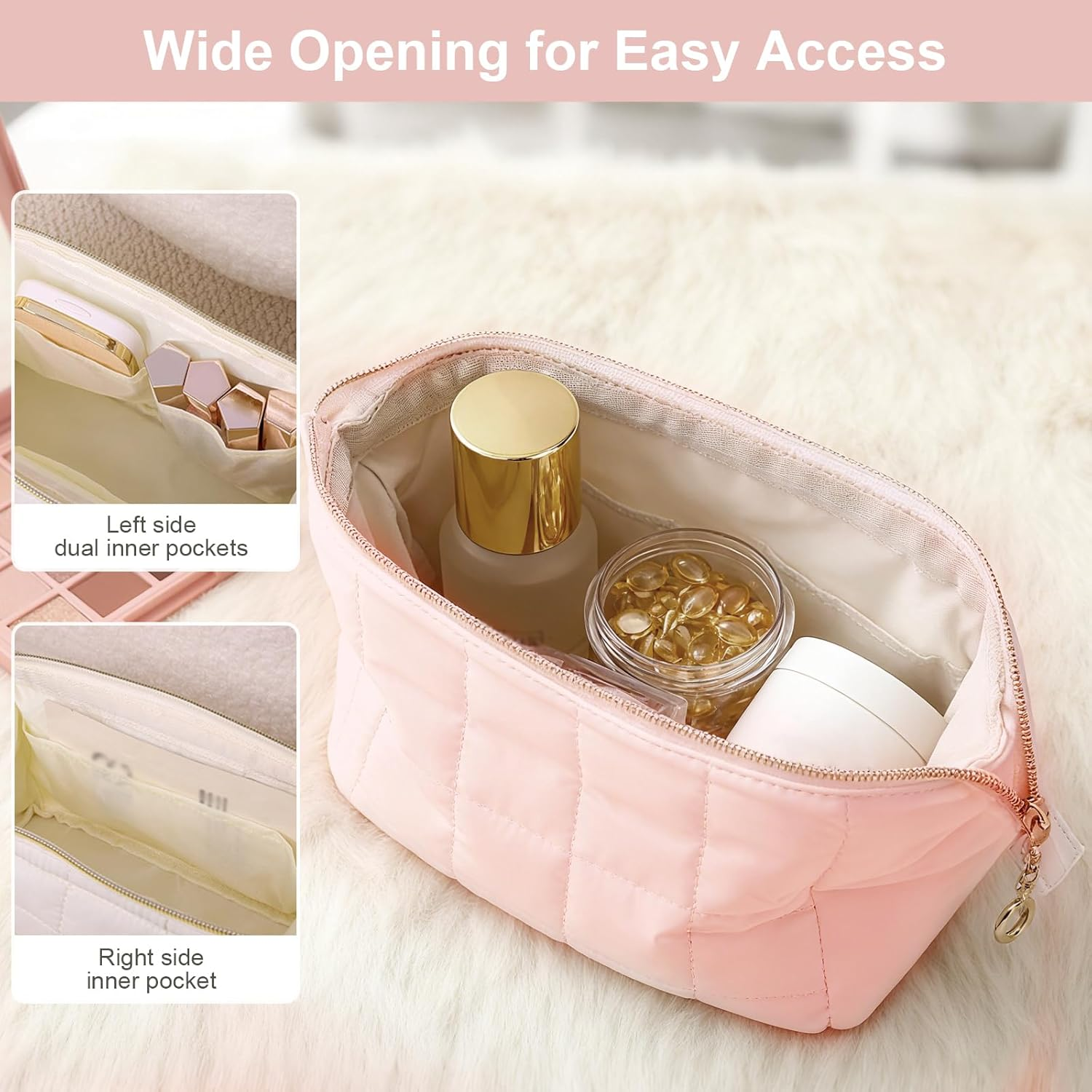 VOSSOT Make up Bag Travel Cosmetic Bag Women'S Toiletry Bag Makeup Bag Wide Opening Toiletry Bag Large Capacity Portable Cosmetic Bag Wash Bag with Star-Shaped Bell Pendant image number 4