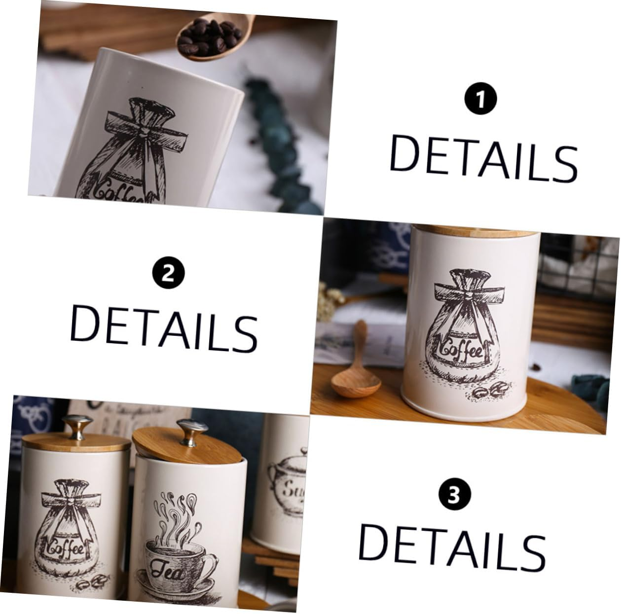 LABRIMP 3Pcs Vintage Kitchen Storage Jars Airtight Coffee Tea and Sugar Canisters with Lids Decorative Dry Food Containers for Home Organization image number 3