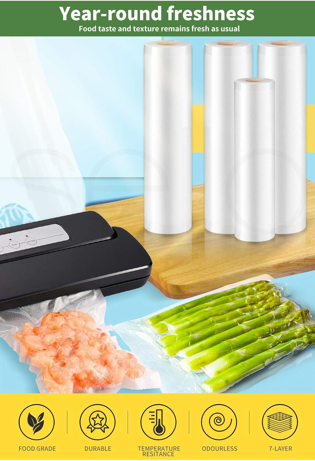 TOQUE 10 Roll Food Vacuum Sealer Bags 6M X 28Cm, 7-Layer Extra Thickness Vacuum Food Sealer Rolls Bags Customise Size, Commercial Grade Vacuum Food Storage Bag for Meal Prep, Sous Vide, Food Saver image number 2