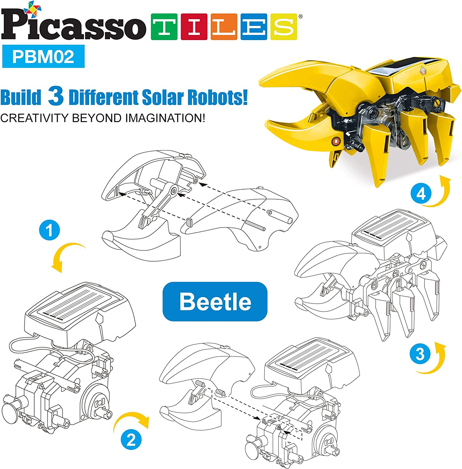 Picassotiles STEM Kids Solar Powered Dinosaur Robot Educational Learning Engineering Building Toy 3-In-1 Creative Unique Transformation Renewable Sun Energy Science Experiment DIY Kit Boy Girl Age 8+ image number 2