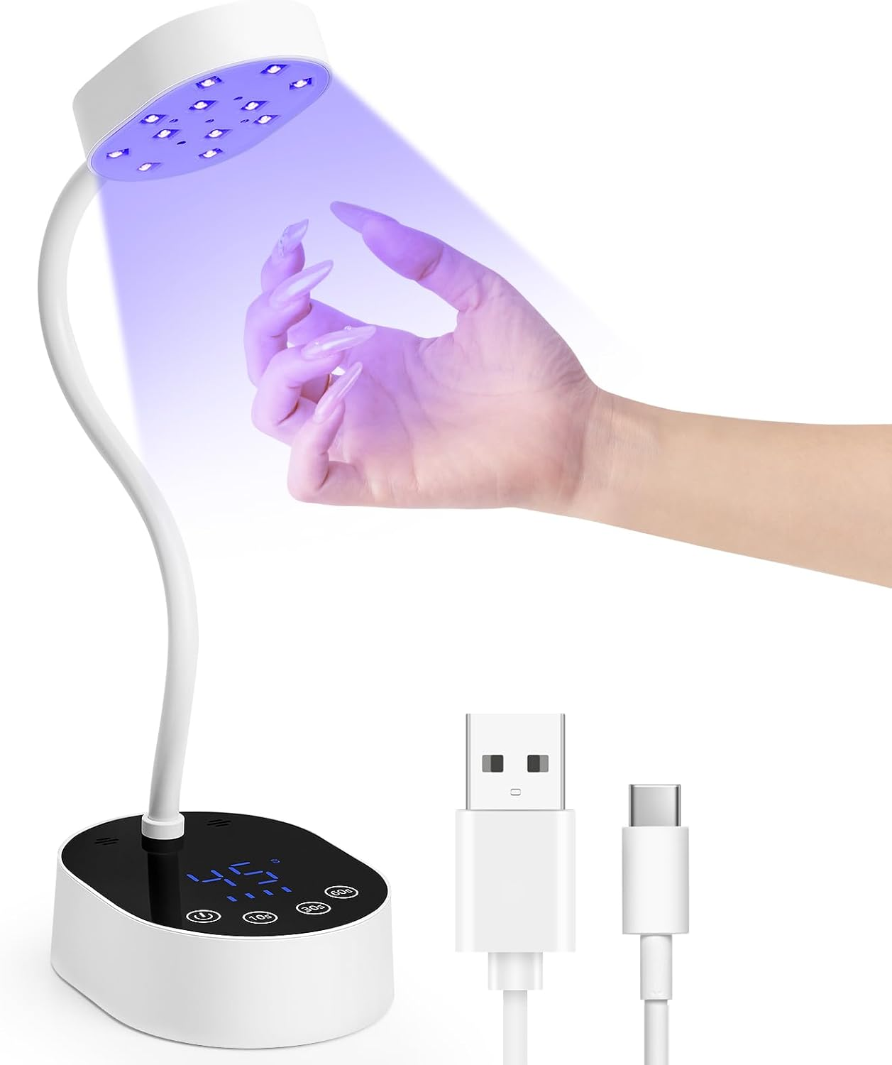 Madenia UV LED Nail Lamp: Rechargeable 360&deg; Adjustable Gooseneck Design Nail Light with Auto Sensor & Touch Screen - 4 Timer Modes Nail Curing Lamp Suitable for Salon and Home Use, White image number 2