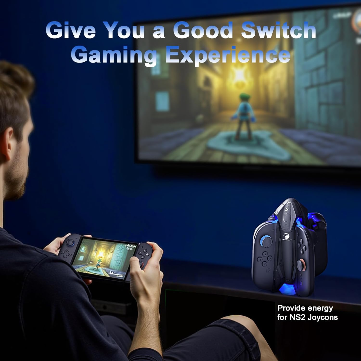 HONCAM Charging Dock for Nintendo Switch 2 Joy-Con with 7 Cool RGB Light, Switch 2 Accessories 4 In1 Joycons Charger with a USB Type-C Cord,Black image number 2