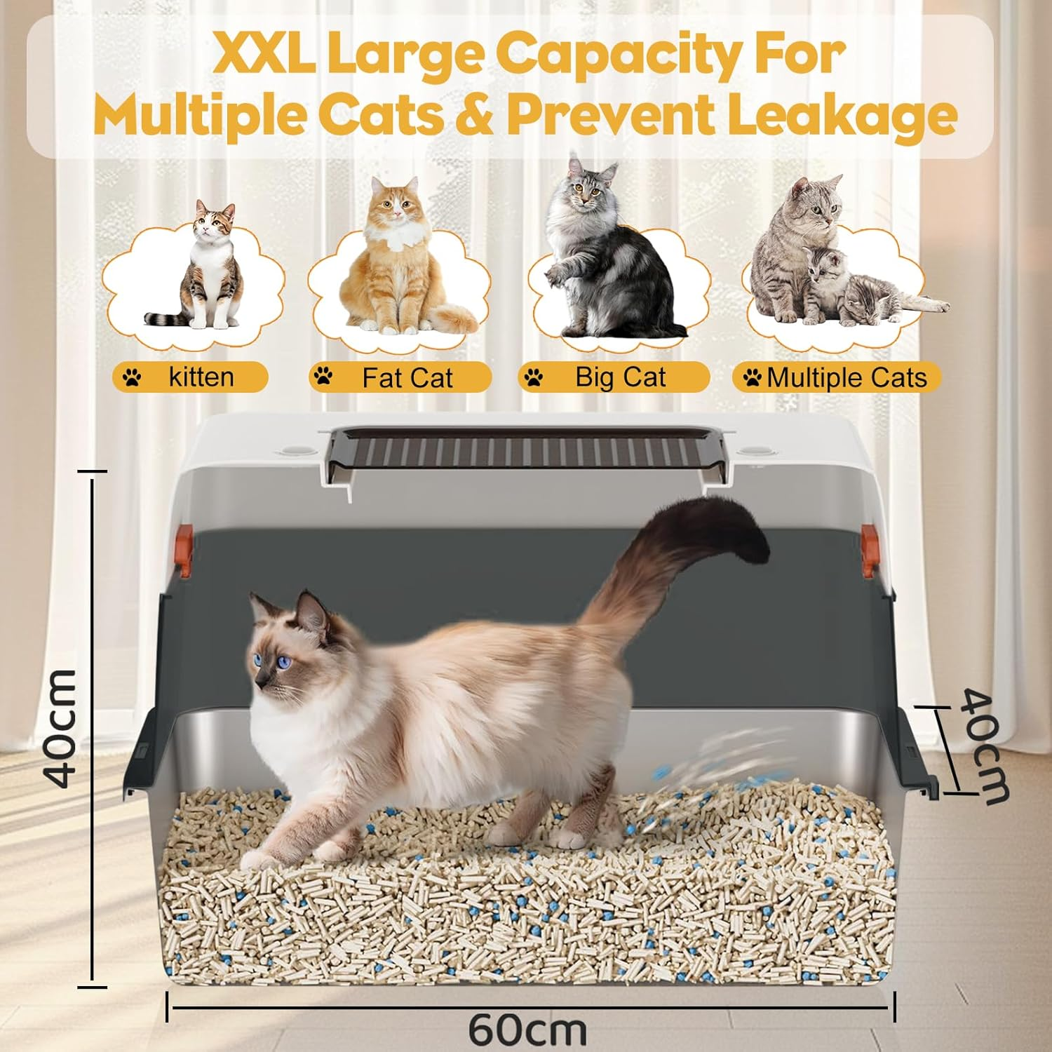 Cat Litter Box with Lid, XXL Stainless Steel Litter Box for Big Cats 3 Layer Removable Litter Box with Lid & Scoop&Pedal, Non-Sticky, Non-Odor, Easy Cleaning, Light Grey image number 6