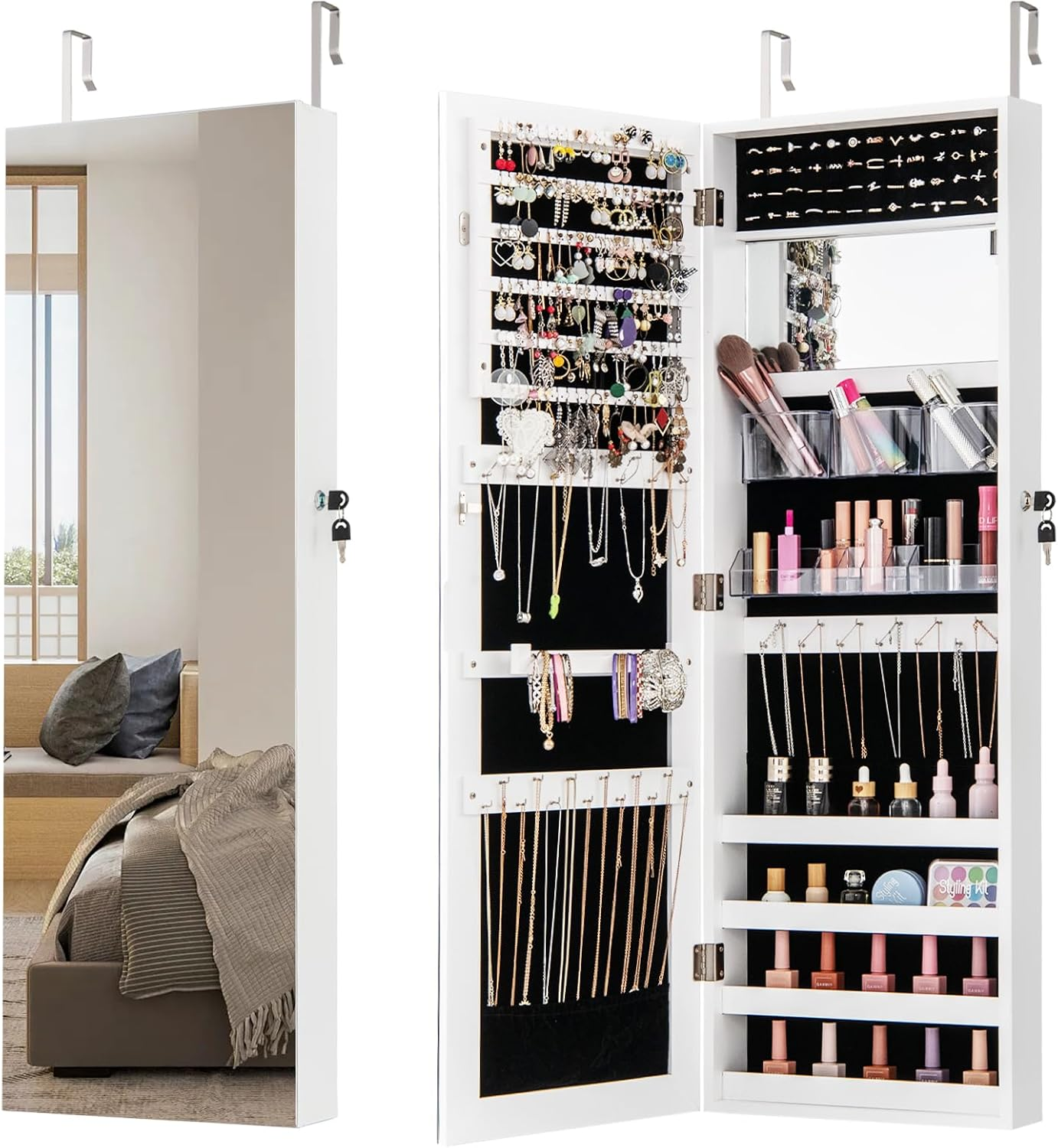 Giantex 110 Cm Jewelry Mirror Cabinet, Wall/Door Mounted Jewelry Armoire Organizer W/Full-Length Mirror & Interior Makeup Mirror, Adjustable Hangers, Safety Lock & Soft Lining (Rustic Brown)