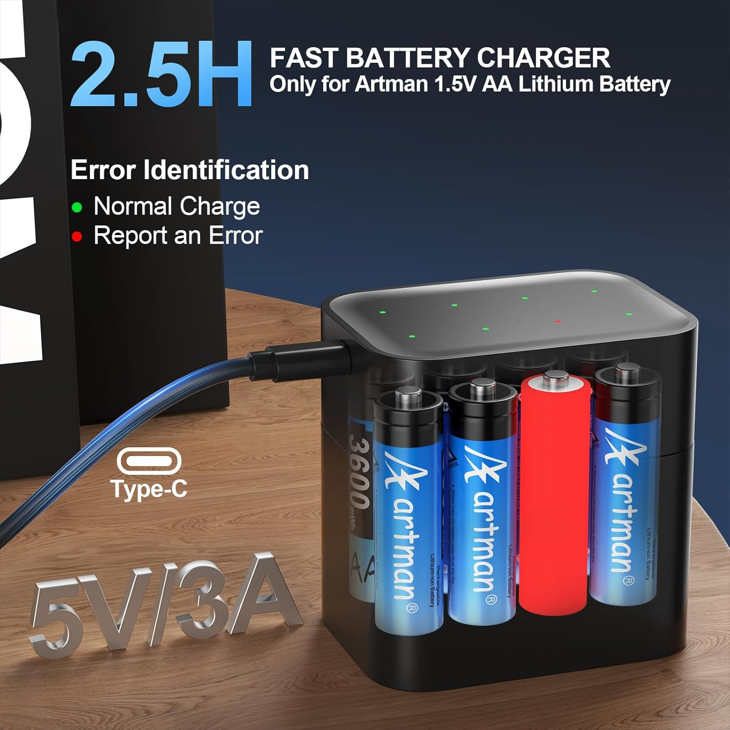 Artman Rechargeable Lithium AA Batteries with Charger, 8 Pack 3600Mwh AA Lithium Batteries for Blink Outdoor Camera, 1.5V Constant Output Double a Battery Rechargeable, 2000 Cycle Charging Time (Blue)