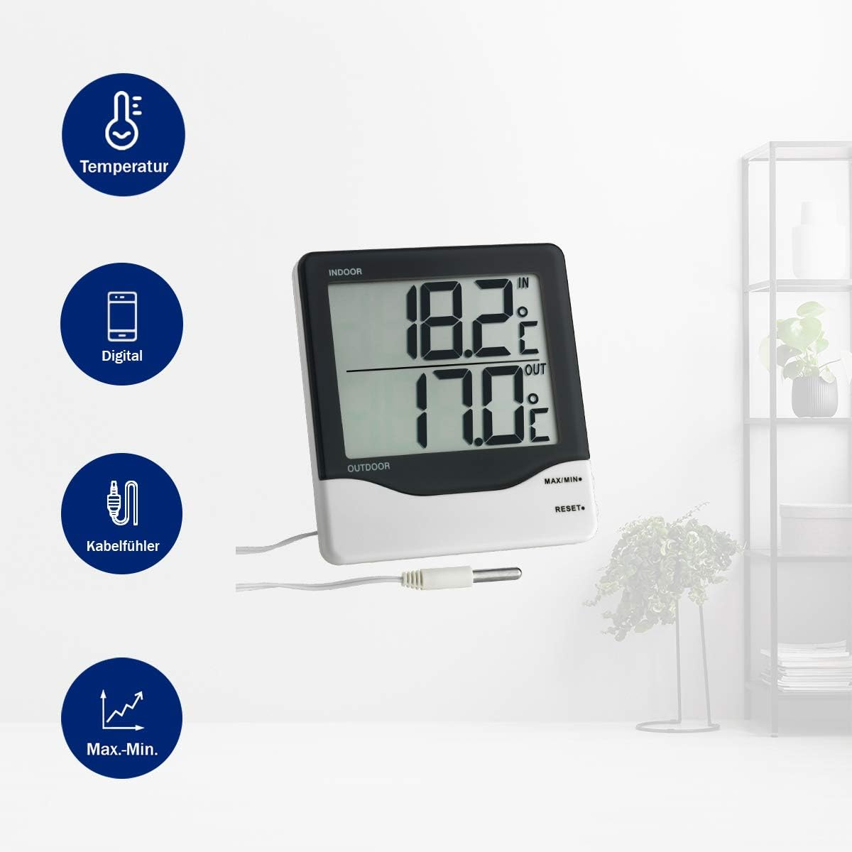TFA Dostmann Digital Indoor/Outdoor Thermometer 30.1011 Large Display High and Low Values Indoor Outdoor Temperature Black L140 X W24 X H235 Mm (L) 102 X (W) 21 (50) X (H) 110 Mm image number 4