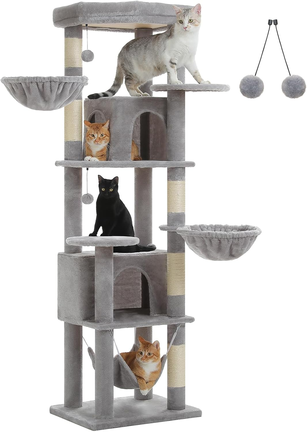 PAWZ Road Cat Tree, 181Cm Cat Tower for Indoor Large Cats, Cat Furniture with 2 Spacious Cat Condo, Large Top Perch,2 Hammock(Dia=35Cm), 2 round Perches,Sisal Covered Scratching Post.Grey