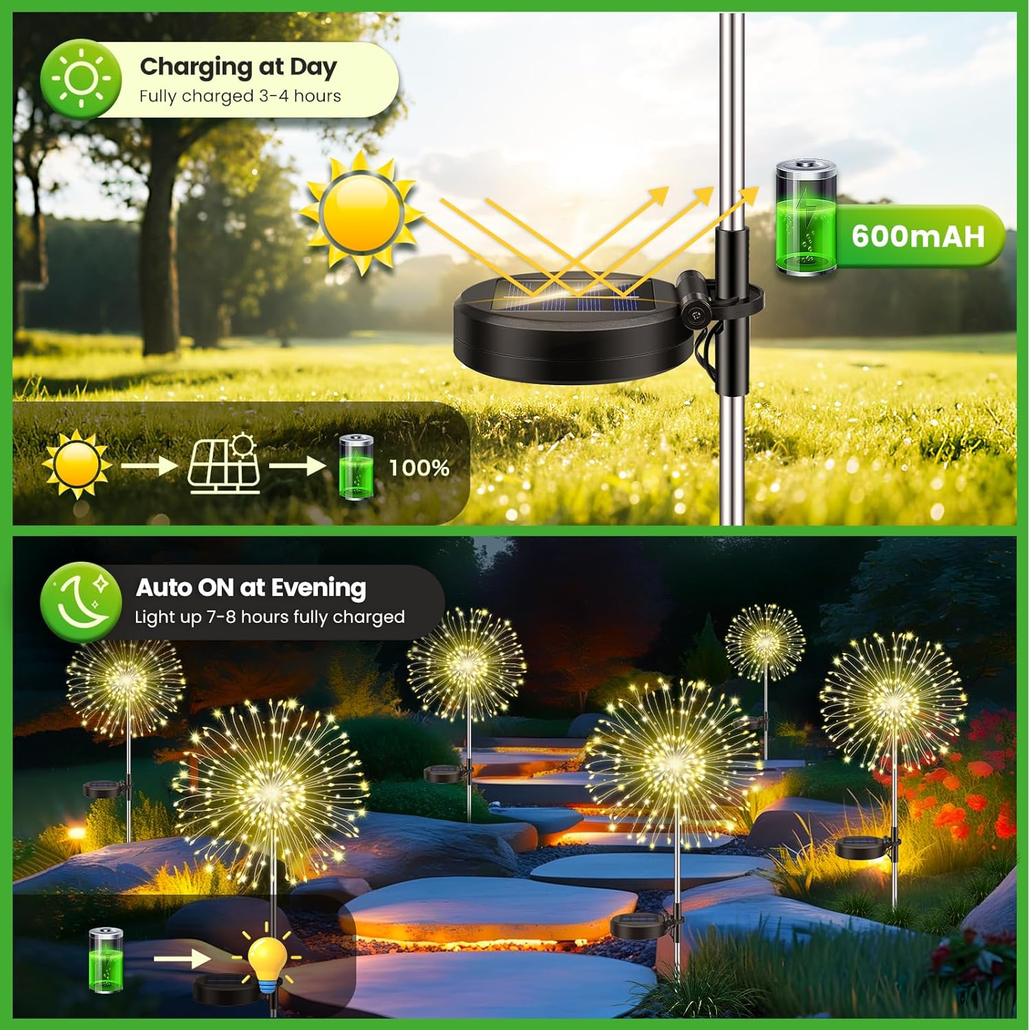 Pack of 4 Solar Lights Outdoor Garden, Dandelion Solar Firework Lights 120 Leds, 8 Modes Starburst Light, Garden Lamp Waterproof for Lawn Pathway Patio Yard Party Backyard Decoration/Warm White image number 4