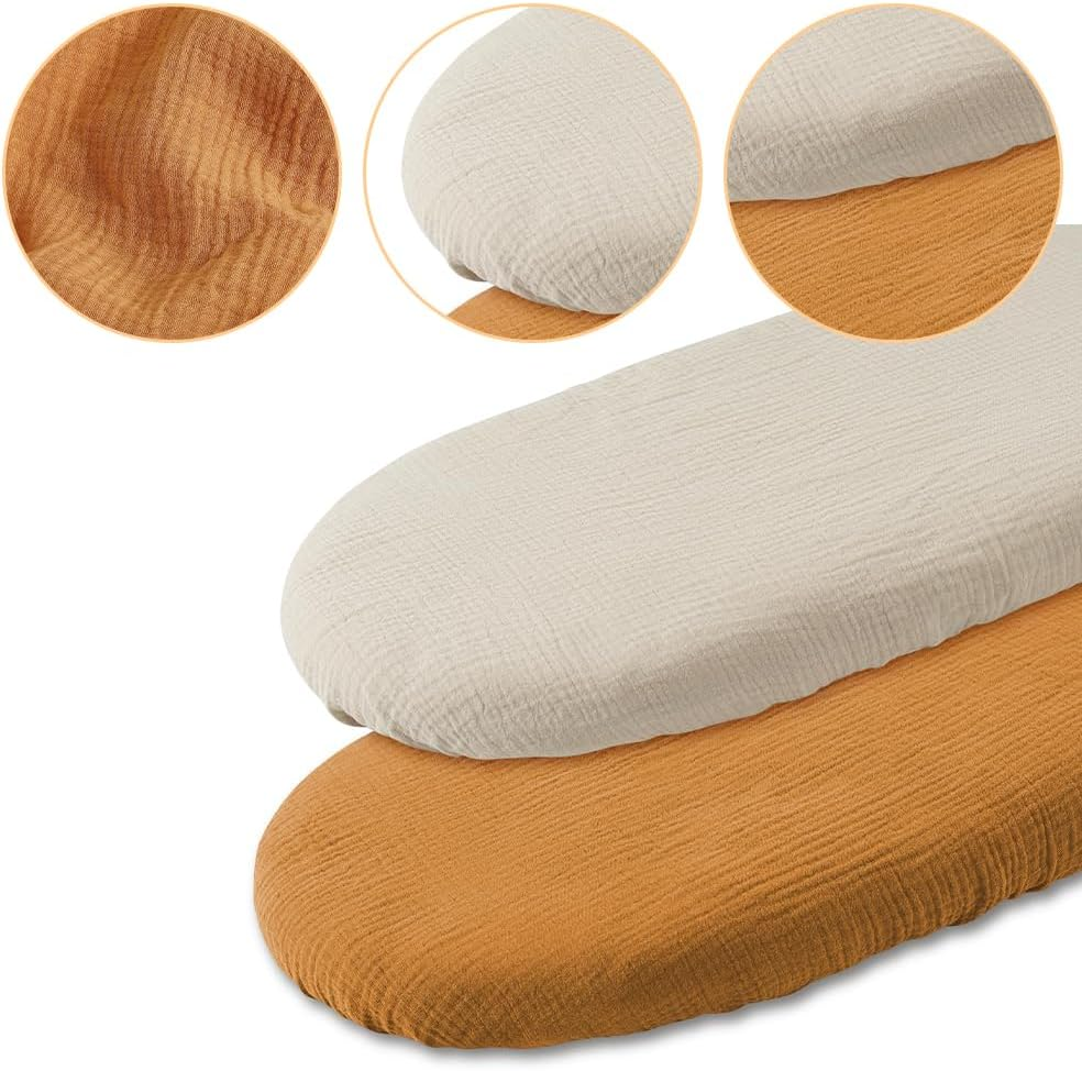 2 Pcs Bassinet Fitted Sheets, Universal Cradle Sheet Set for Rectangle, Oval, or Hourglass Bassinet Pad/Mattress, Soft Breathable Stretchy Baby Pad/Mattress Sheet Set (Yellow and Beige) image number 3