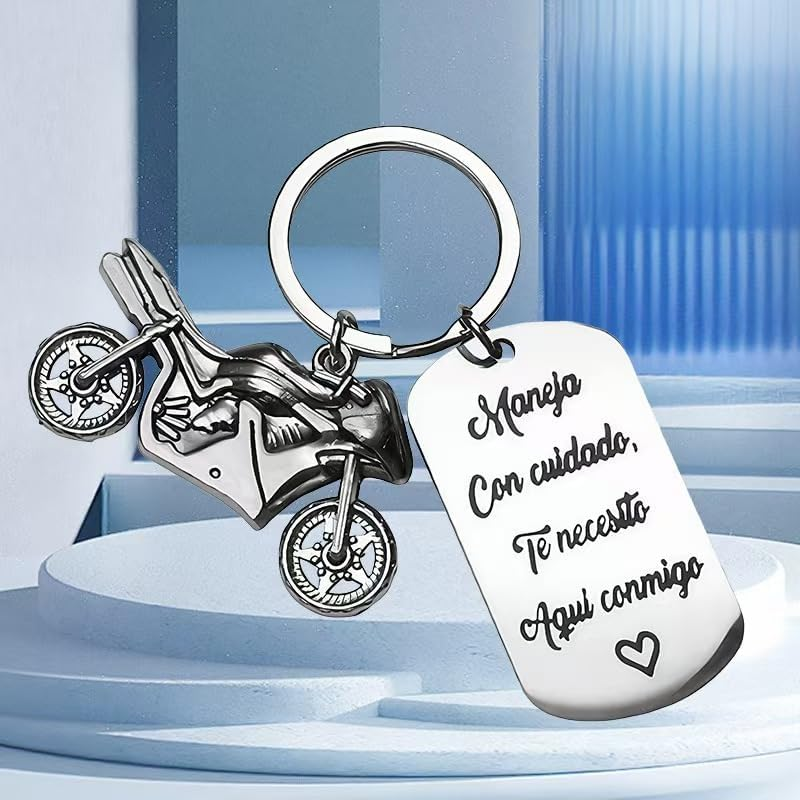 Spanish Motorcycle Keychain with Love Message Tag, Metal Charm with Inspirational Quote, Silver image number 5