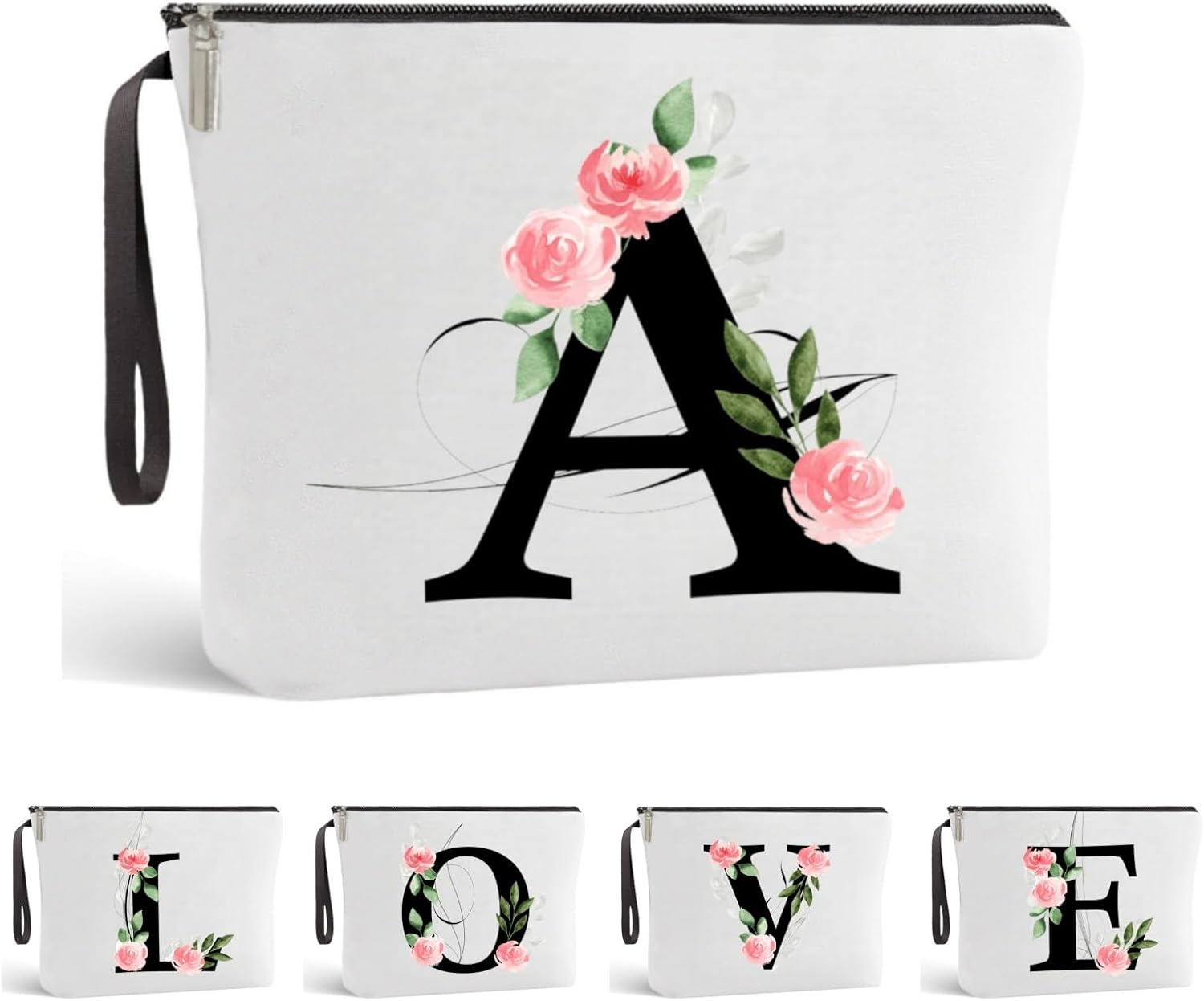 Blisswave Personalised Make up Bag, Sweet and Beautiful Pink Flowers, A-Z Initial Make up Bag, Elegant Silk Lining, Sturdy Metal Zipper, Personalized Gift for Girls and Women, M