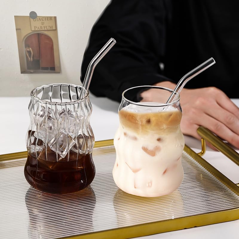 Glass Tumbler with Glass Straw, Iced Coffee Cups Reusable, Can Be Used as Beer Mugs, Milk Mug, Cocktail Cup, Retro Cloud Mug,Coffee Mug,Clear Drinking Cup Set