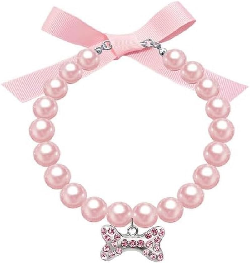 Dog Accessories for Girls Pearl Collar Necklace for Dogs Cats Coquette Bow Pearl Dog Necklace Collar Jewelry for Wedding Birthday Party Diamond Pearls Necklace with Rhinestone Bone for Dog (Pink, L) image number 5