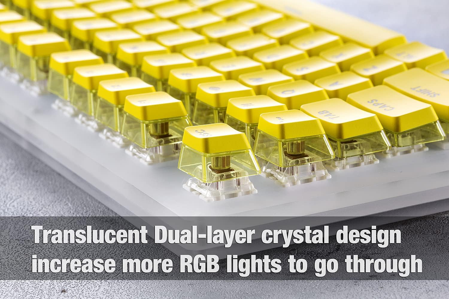 Gunmjo Crystal Pudding Keycap for Gaming Keyboard with Cherry MX Switches, ABS Translucent Keycaps for Backlit Mechanical Keyboard, OEM Profile 104 Keys with 6.25U Space Bar, Painted Yellow Color image number 3